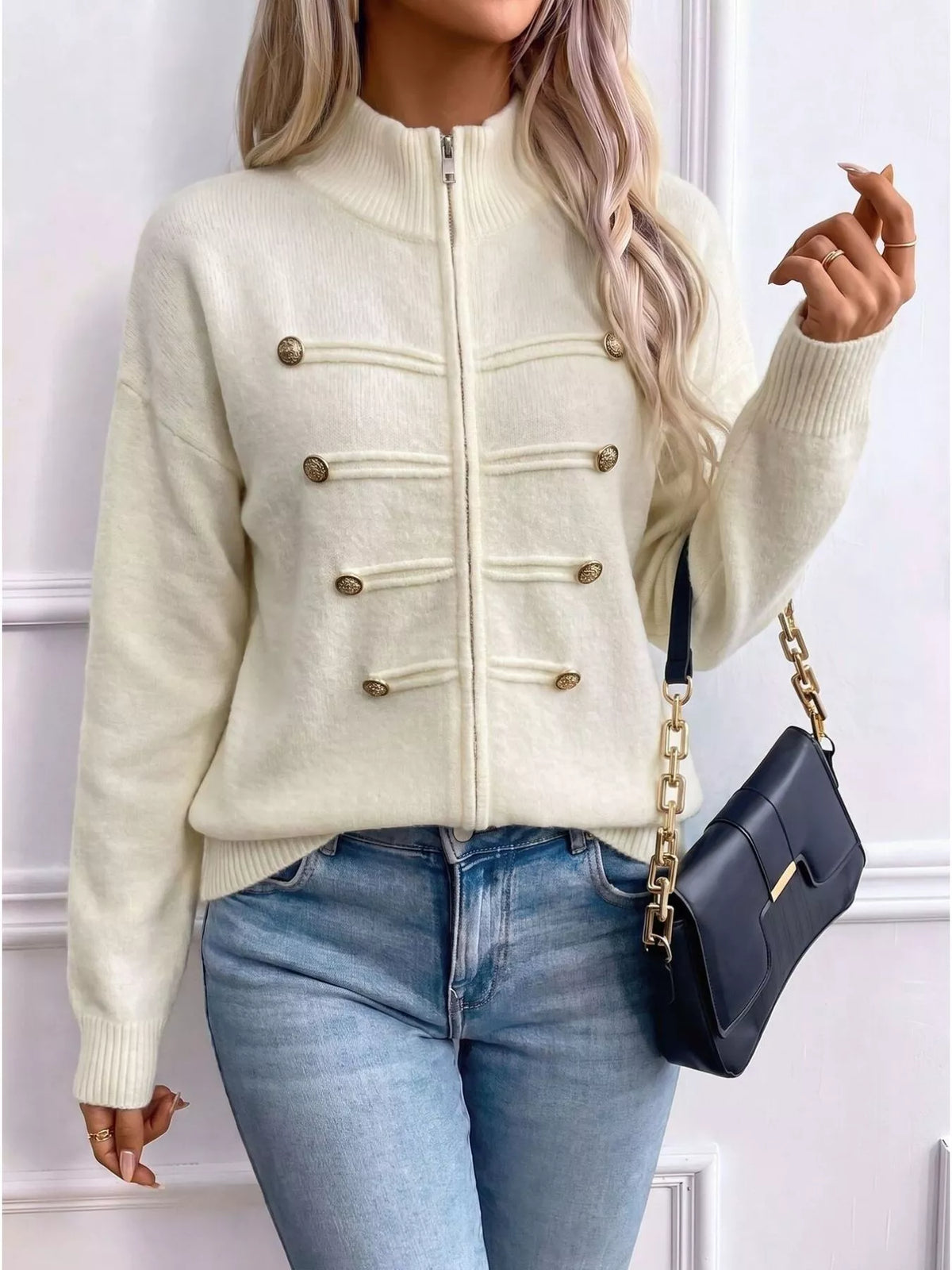 zip-up long sleeve cardigan – decorative button | dropsona - neutral - close-up detail
