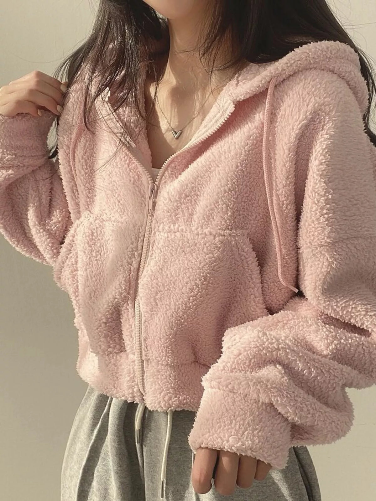 oversized sherpa zip-up hoodie | dropsona - neutral - close-up detail