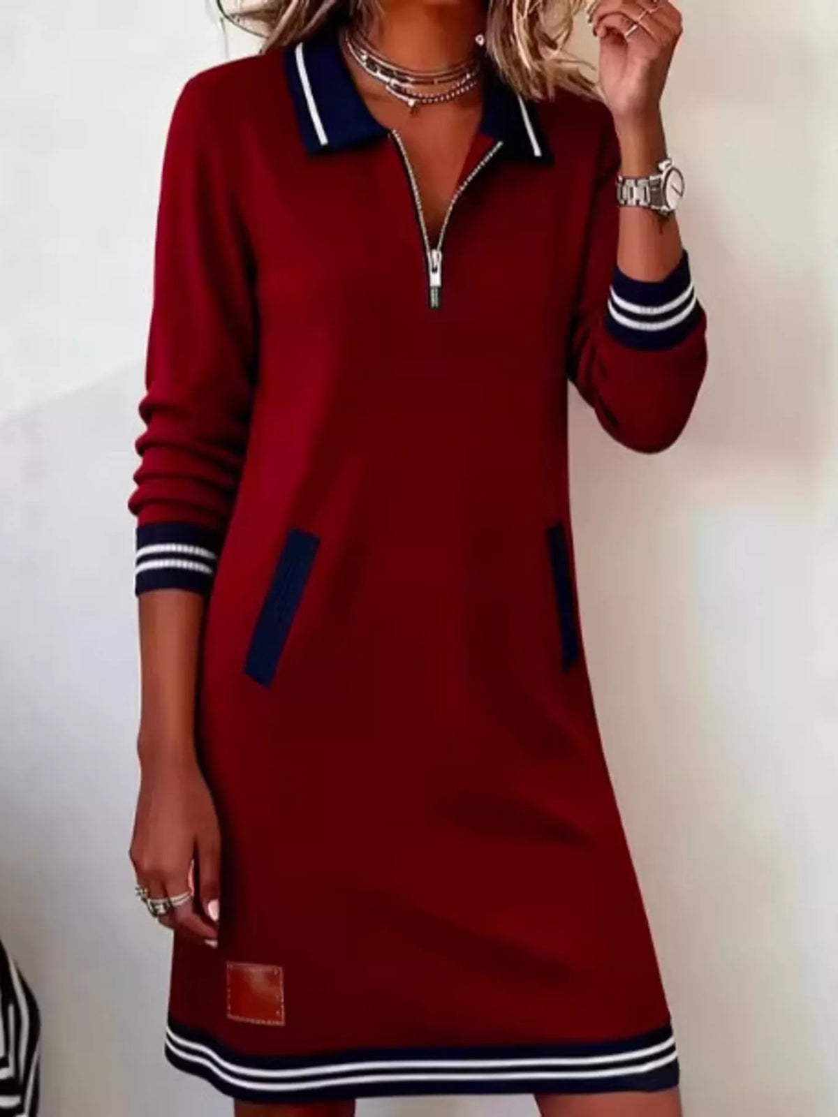 full size zip-up polo collar knit dress plus | dropsona - neutral - close-up detail