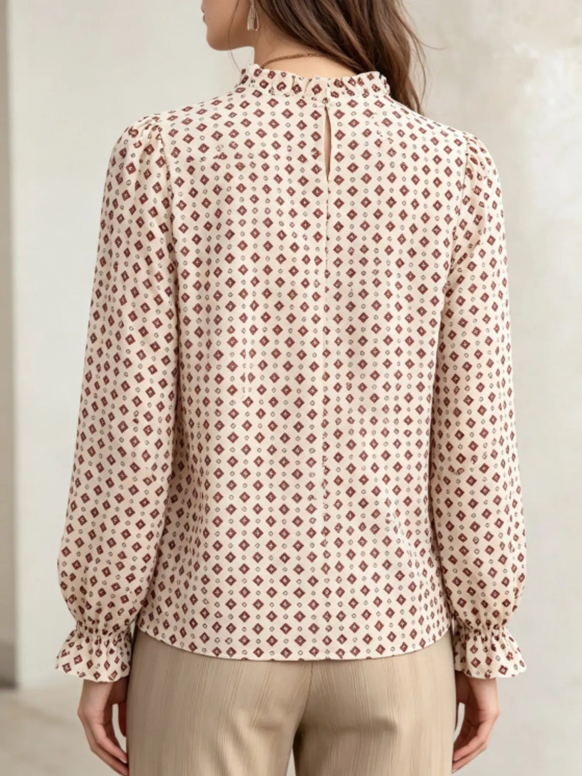geometric print mock neck puff sleeves blouse | dropsona - neutral - front view