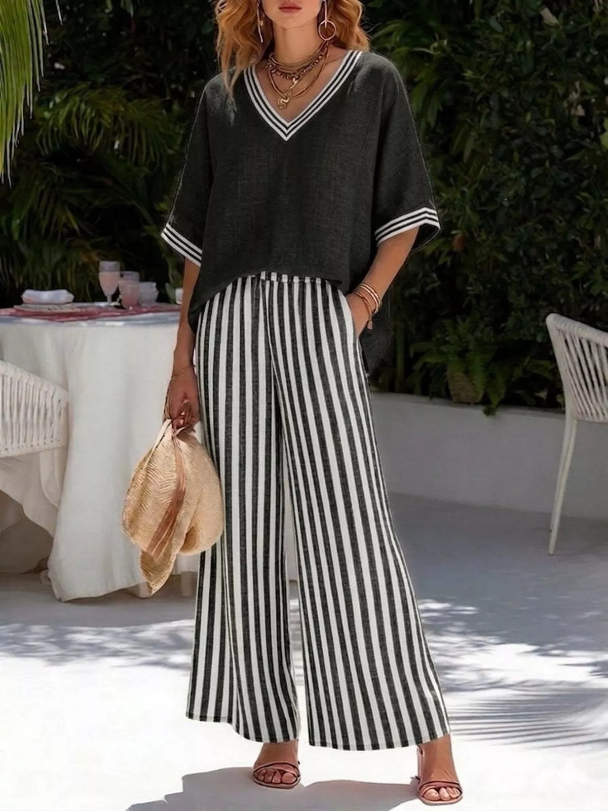 full size v-neck striped top and pants two-piece set | dropsona - neutral - packaging