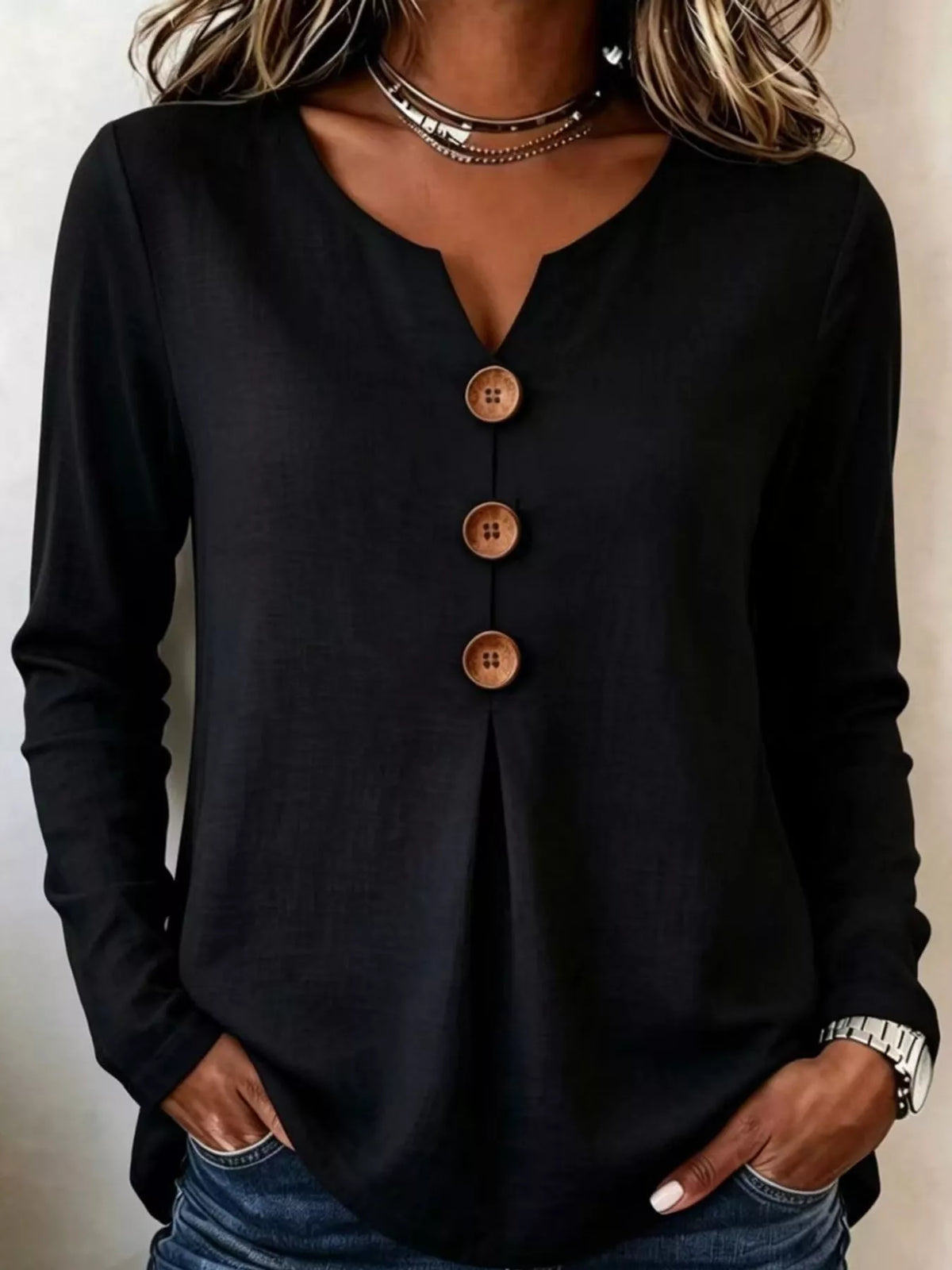 full size long sleeve blouse with decorative wooden | dropsona - neutral - front view