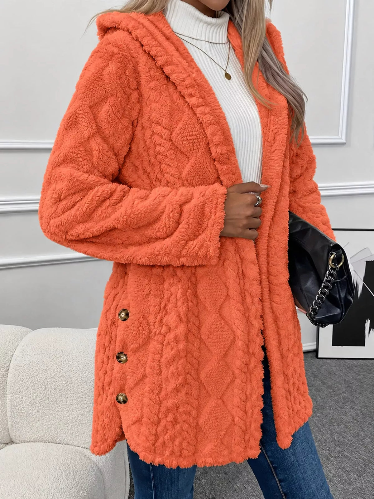 full size cozy cable-knit faux fur hooded outerwear | dropsona - neutral - usage example