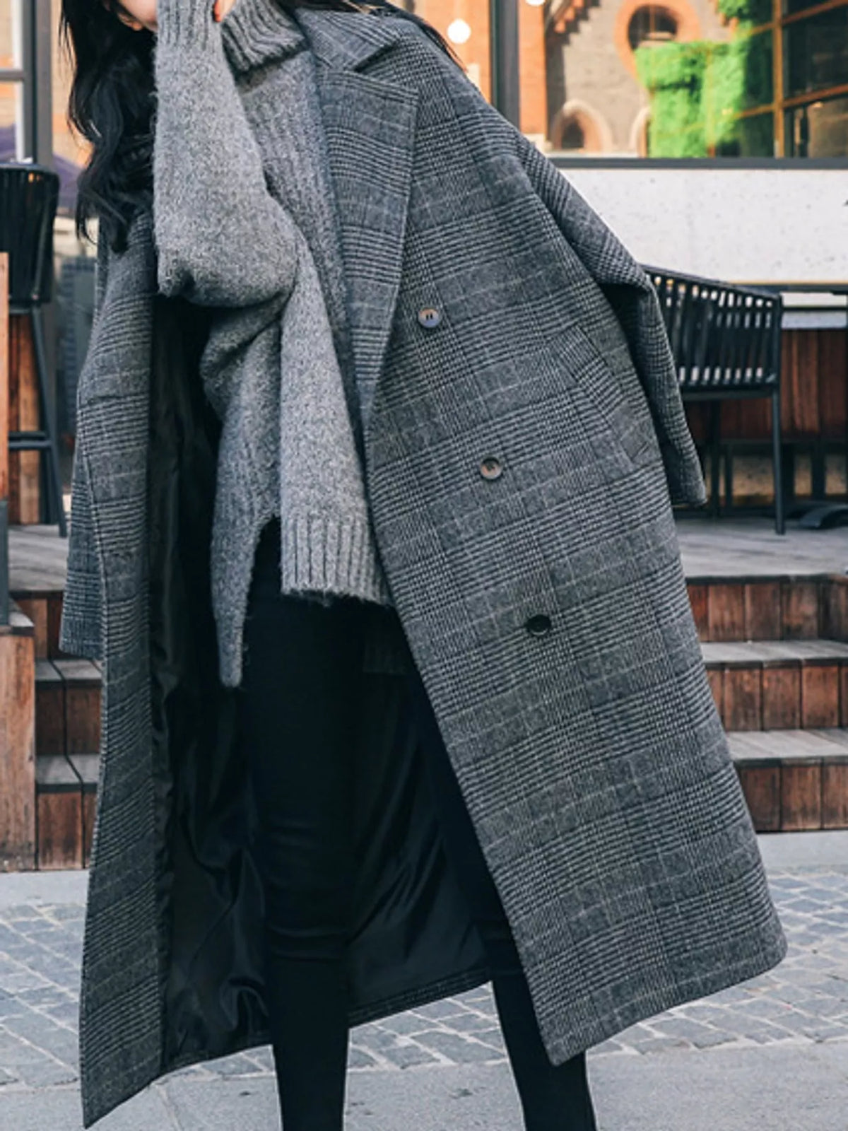 plaid double-breasted longline overcoat | dropsona - neutral - everyday use