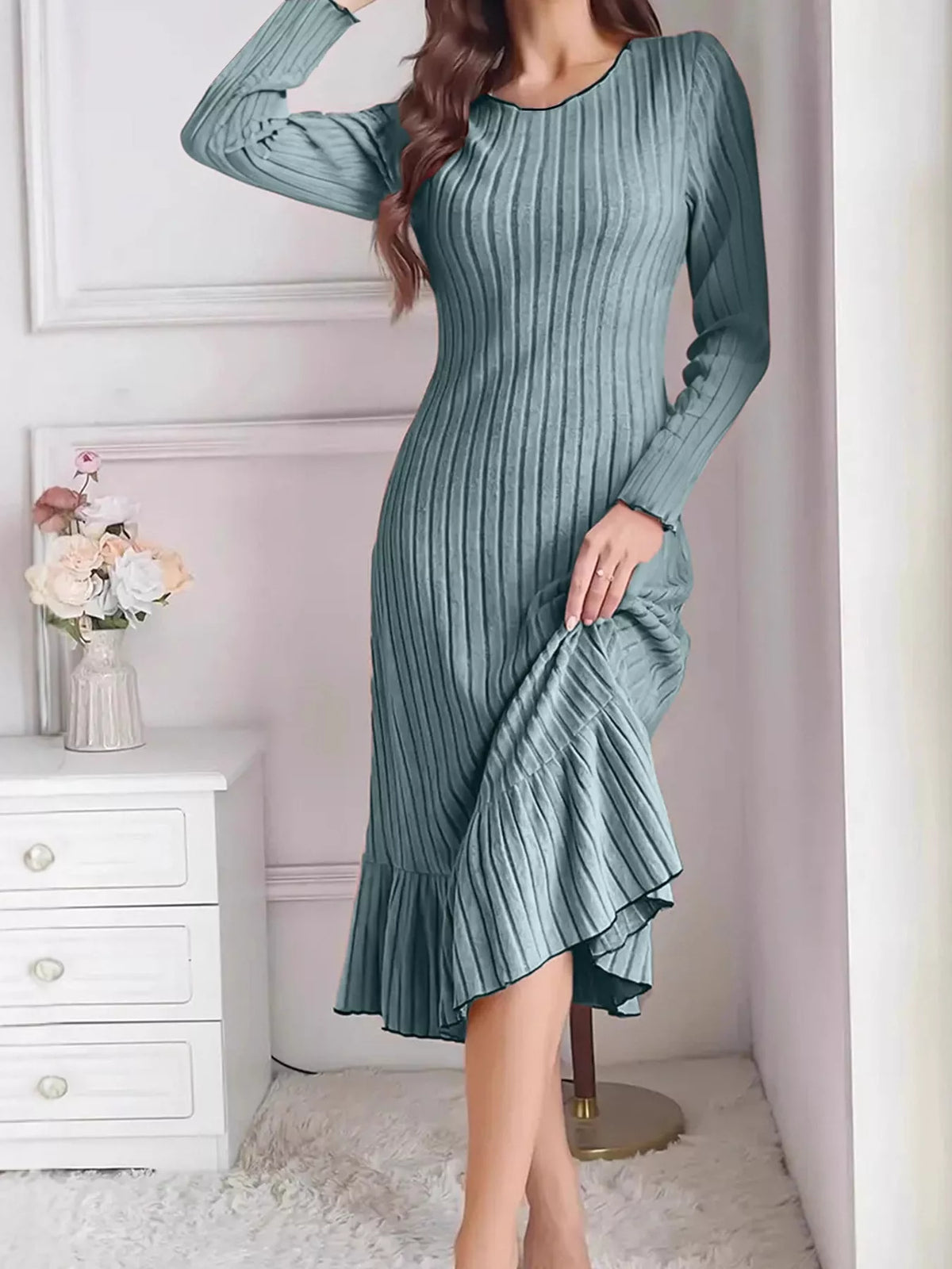 full size ribbed knit ruffle hem bodycon dress plus | dropsona - neutral - everyday use