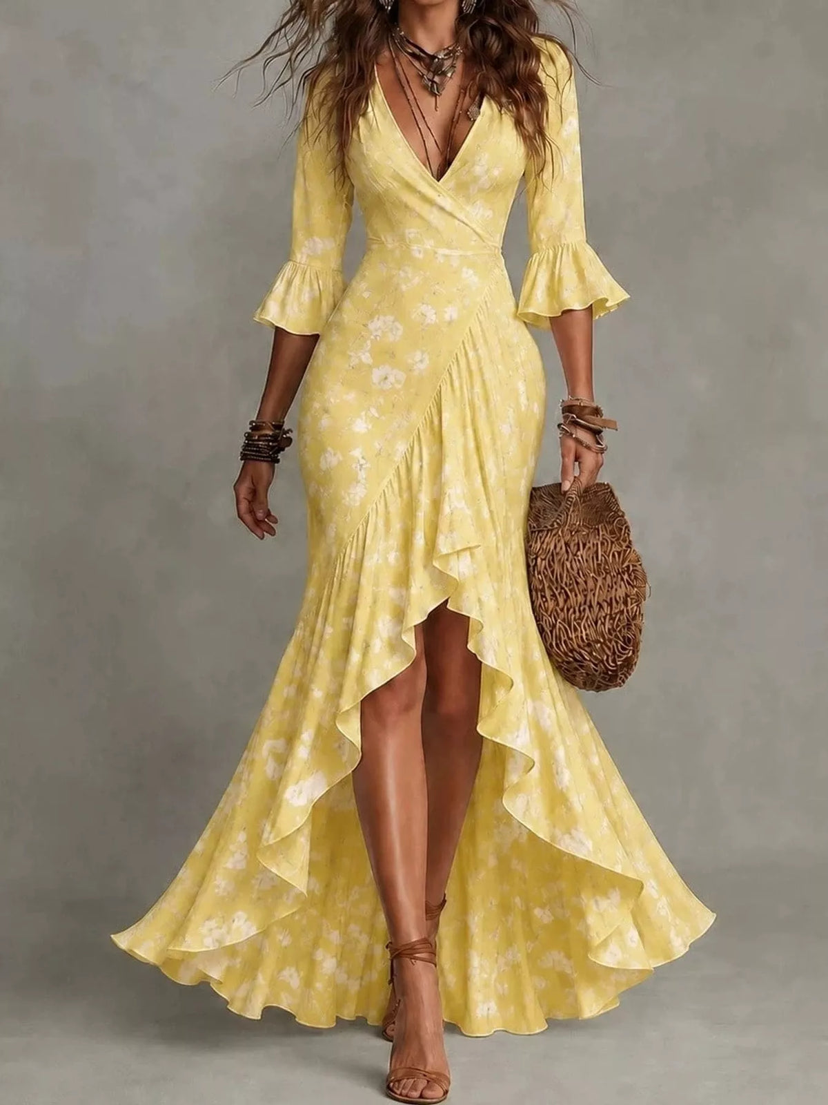 high-low ruffled maxi dress | dropsona - neutral - size reference