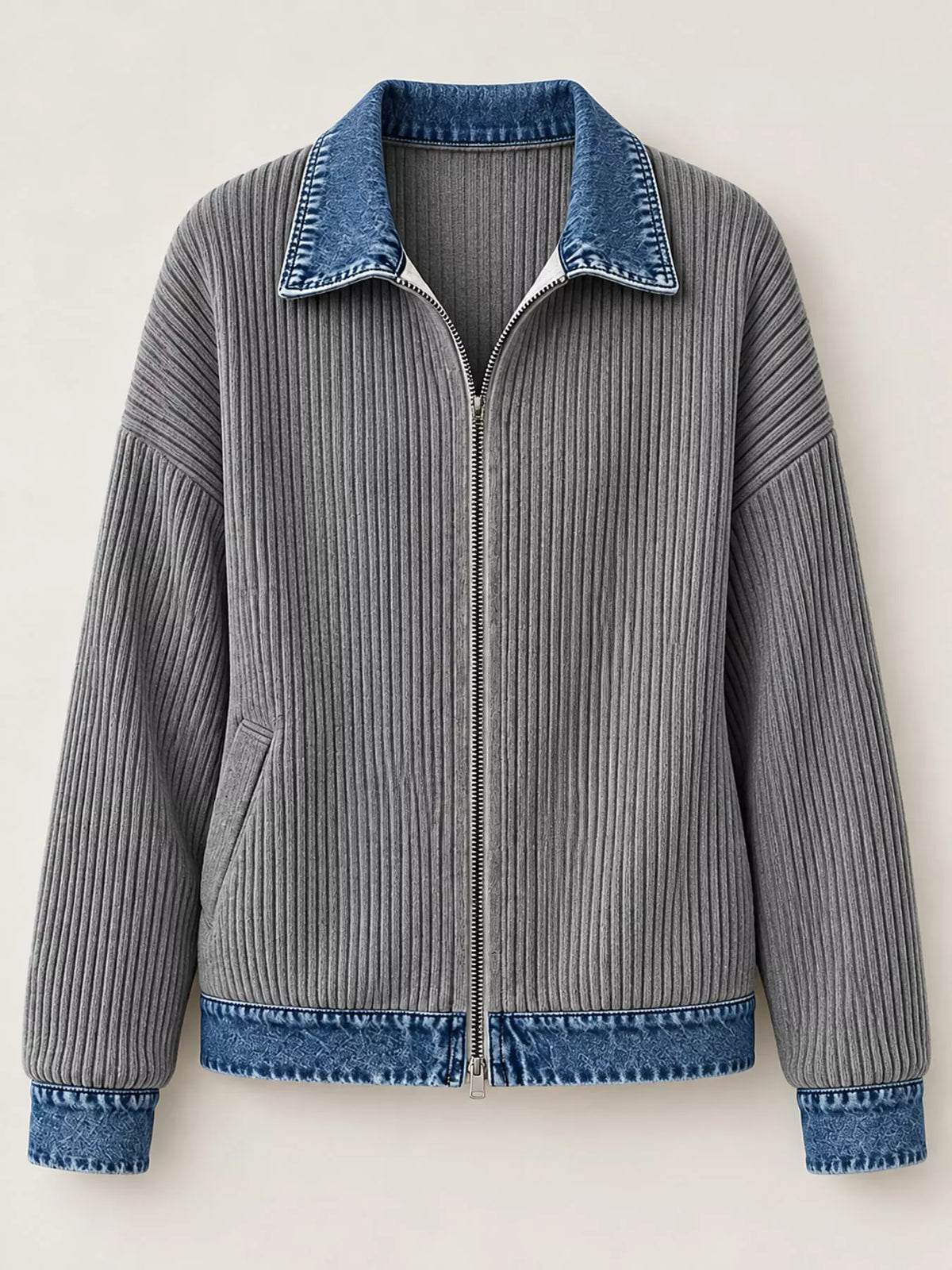 full size denim-collar ribbed knit zip-up jacket plus | dropsona - neutral - front view