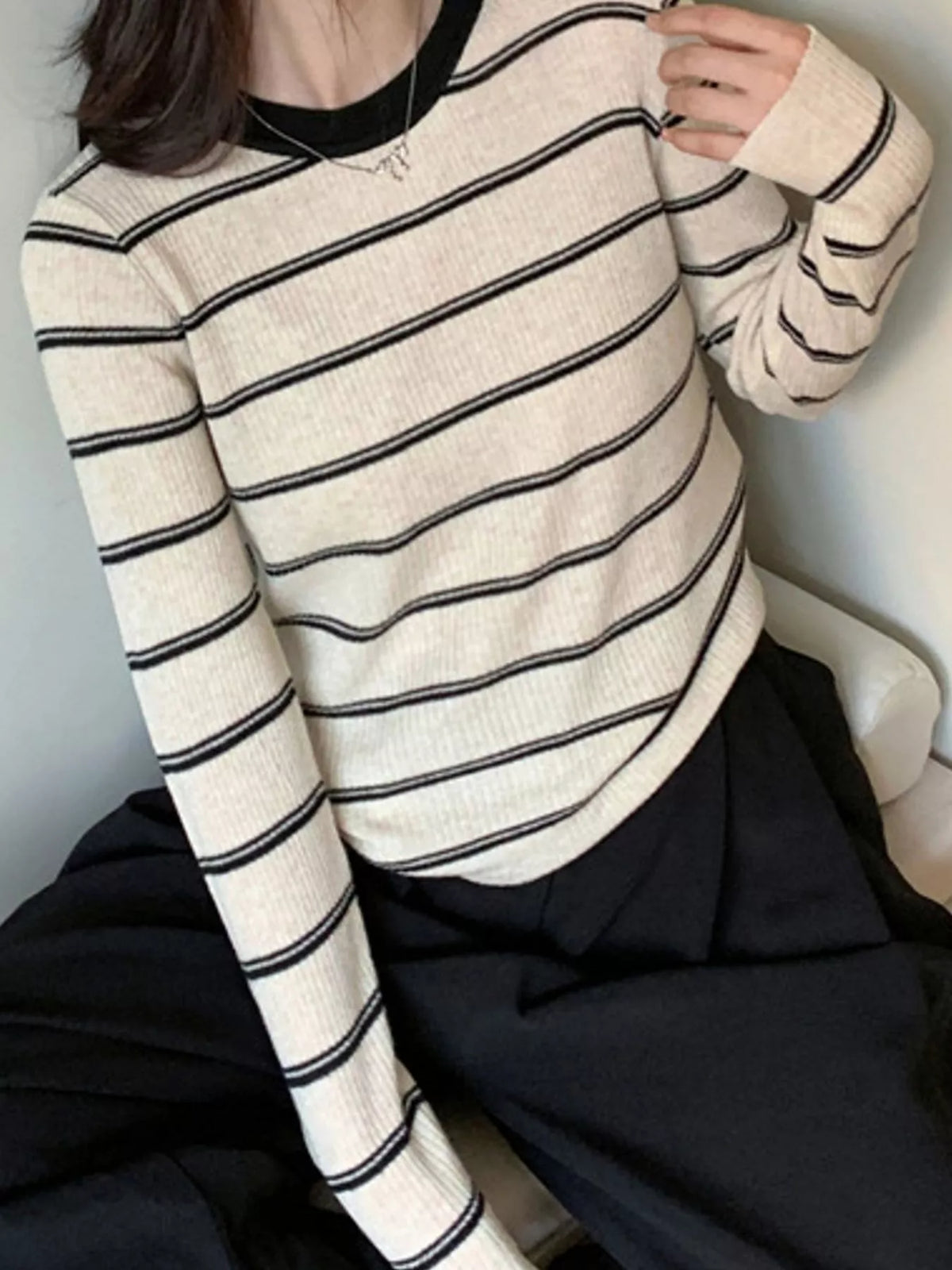 striped round neck ribbed knit top | dropsona - neutral - front view