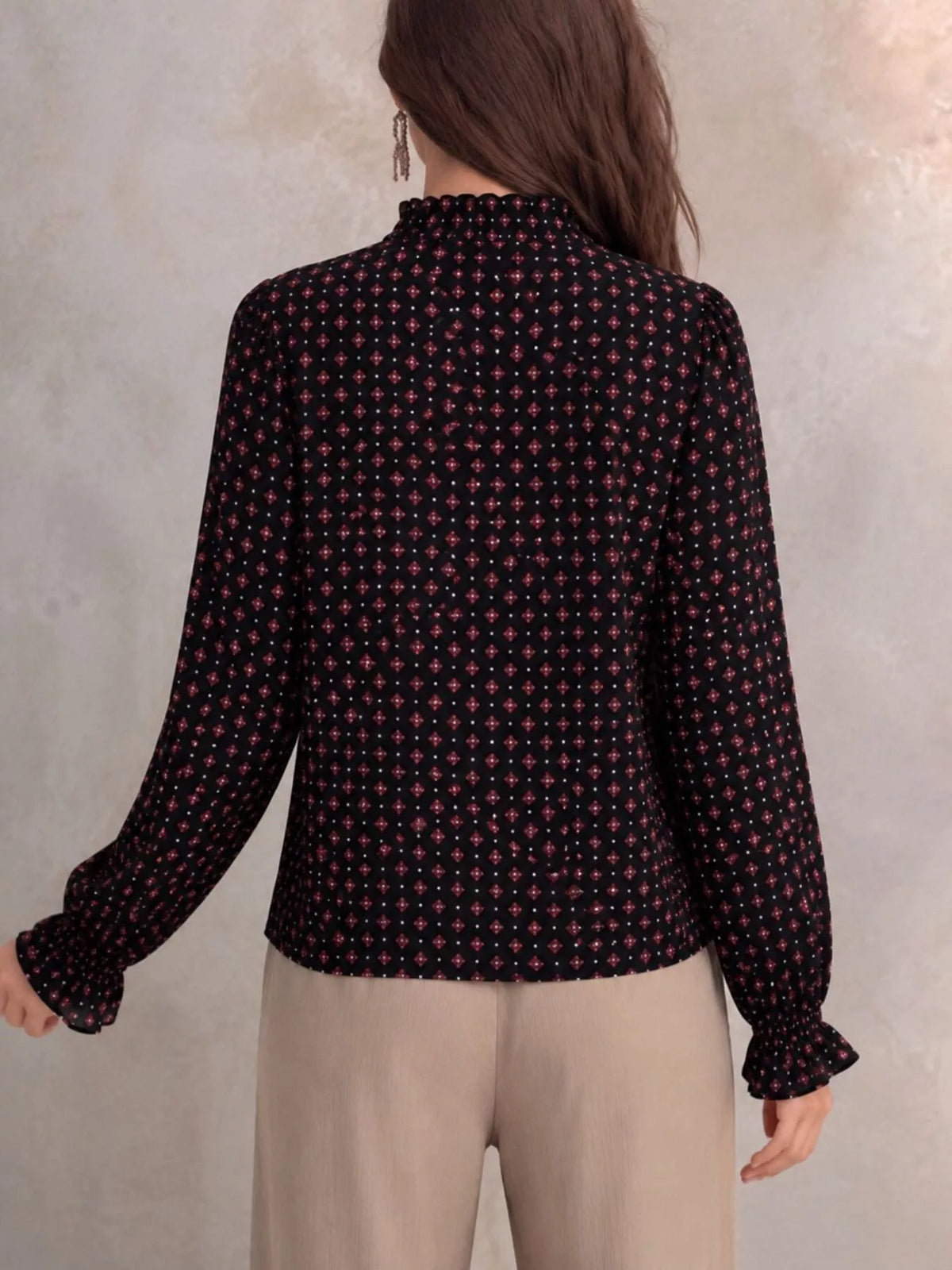geometric print mock neck puff sleeves blouse | dropsona - neutral - usage example