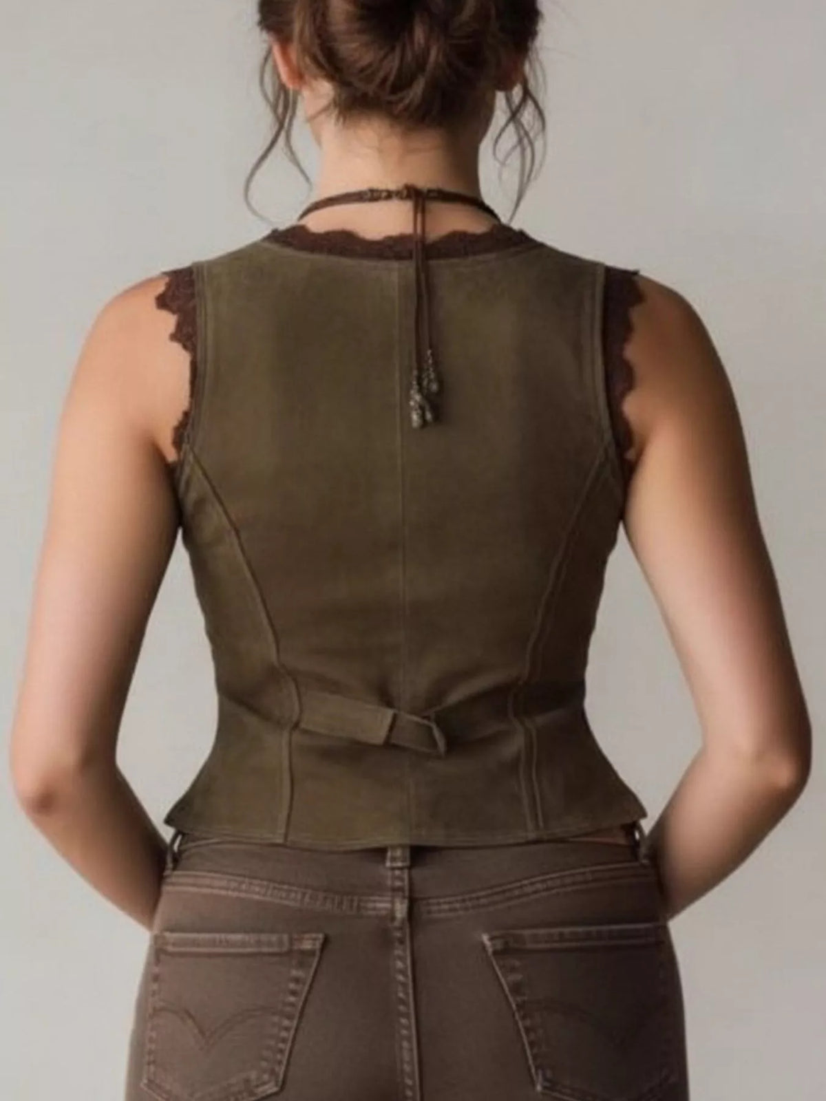 lace detail button front vest – buttoned | dropsona - neutral - close-up detail