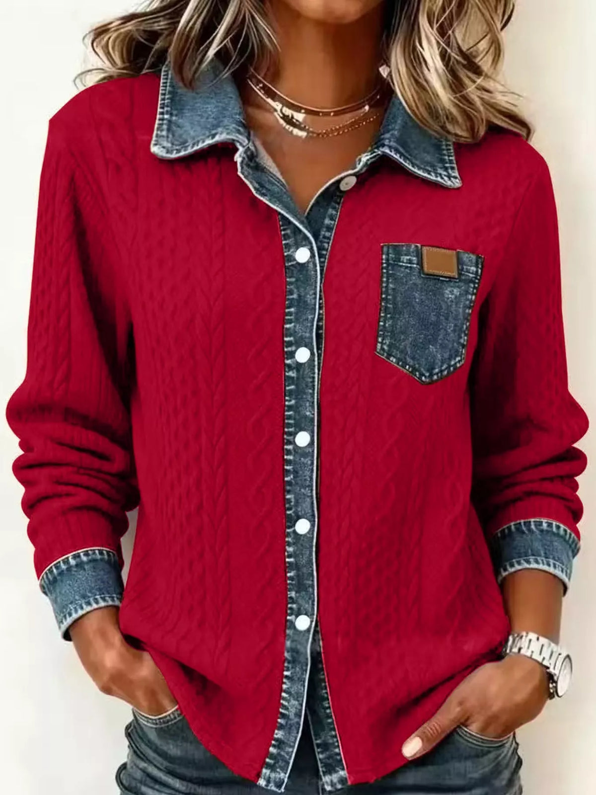 full size contrast denim trim textured button-down | dropsona - neutral - front view