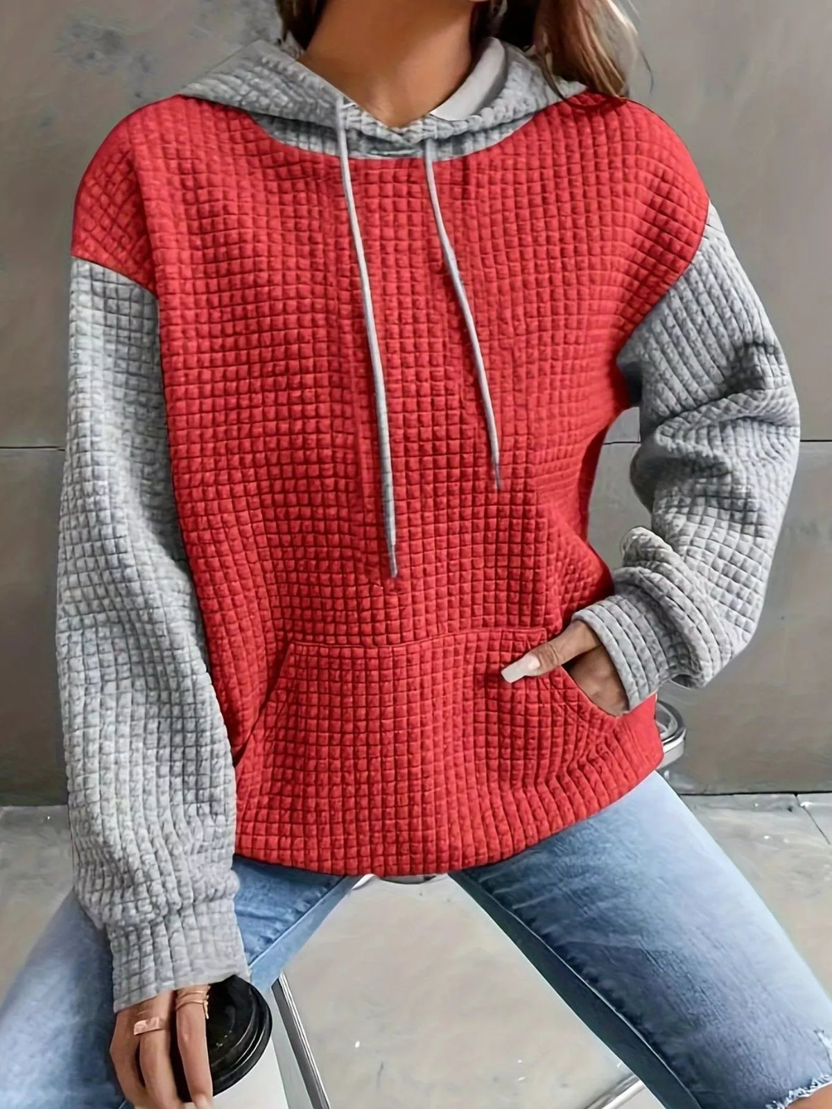 full size textured kangaroo pocket hoodie plus size - close-up detail