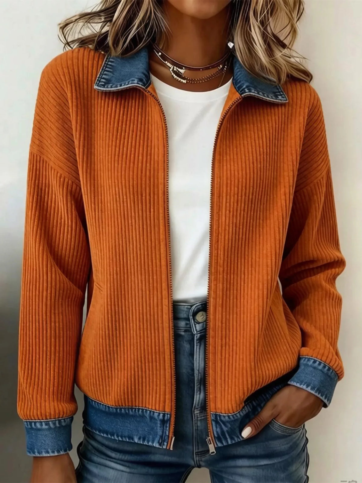 contrast denim collar ribbed knit jacket – zipper | dropsona - neutral - packaging