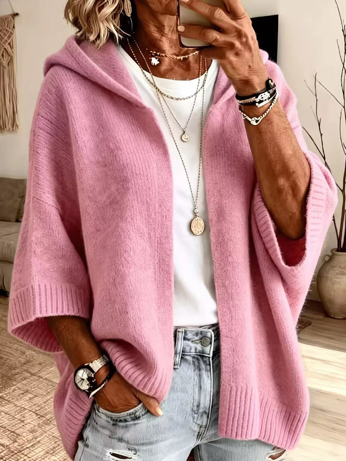 full size hooded open-front knit cardigan plus | dropsona - neutral - packaging
