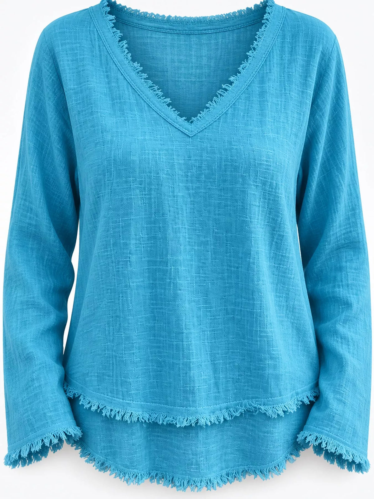 full size frayed hem v-neck blouse plus | dropsona - neutral - size reference