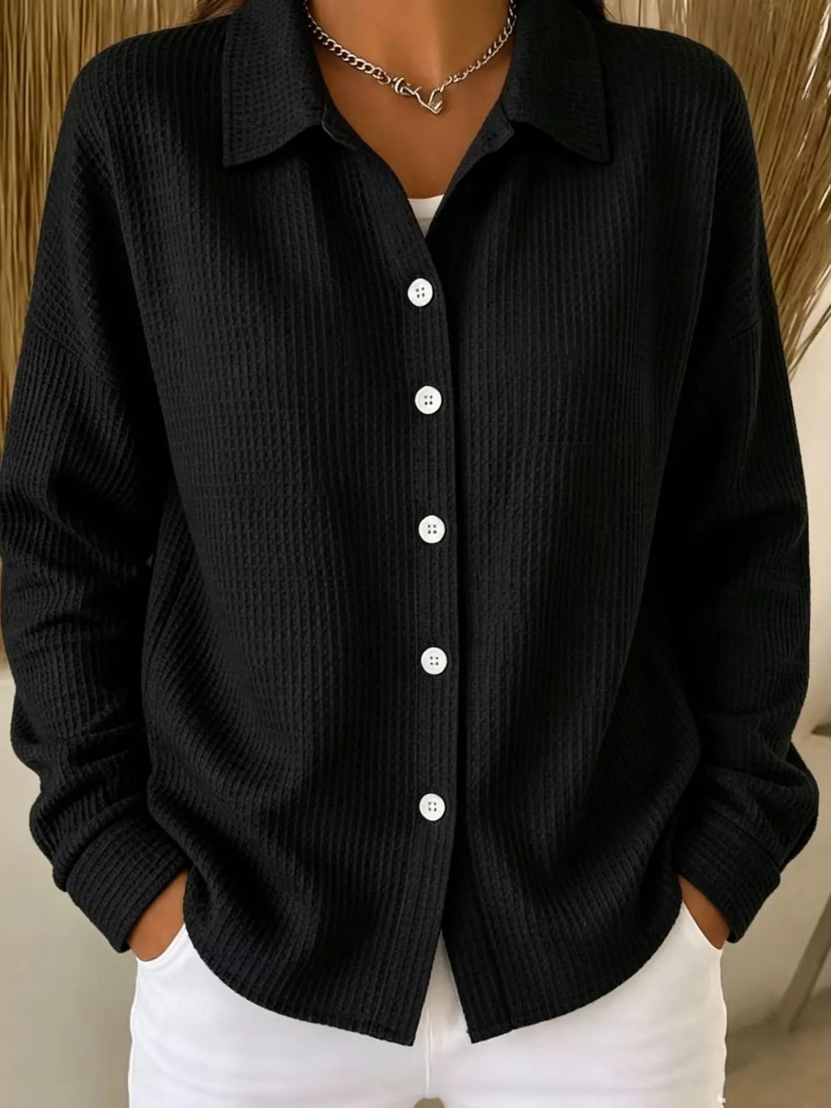 waffle knit button-down shirt – buttoned | dropsona - neutral - usage example