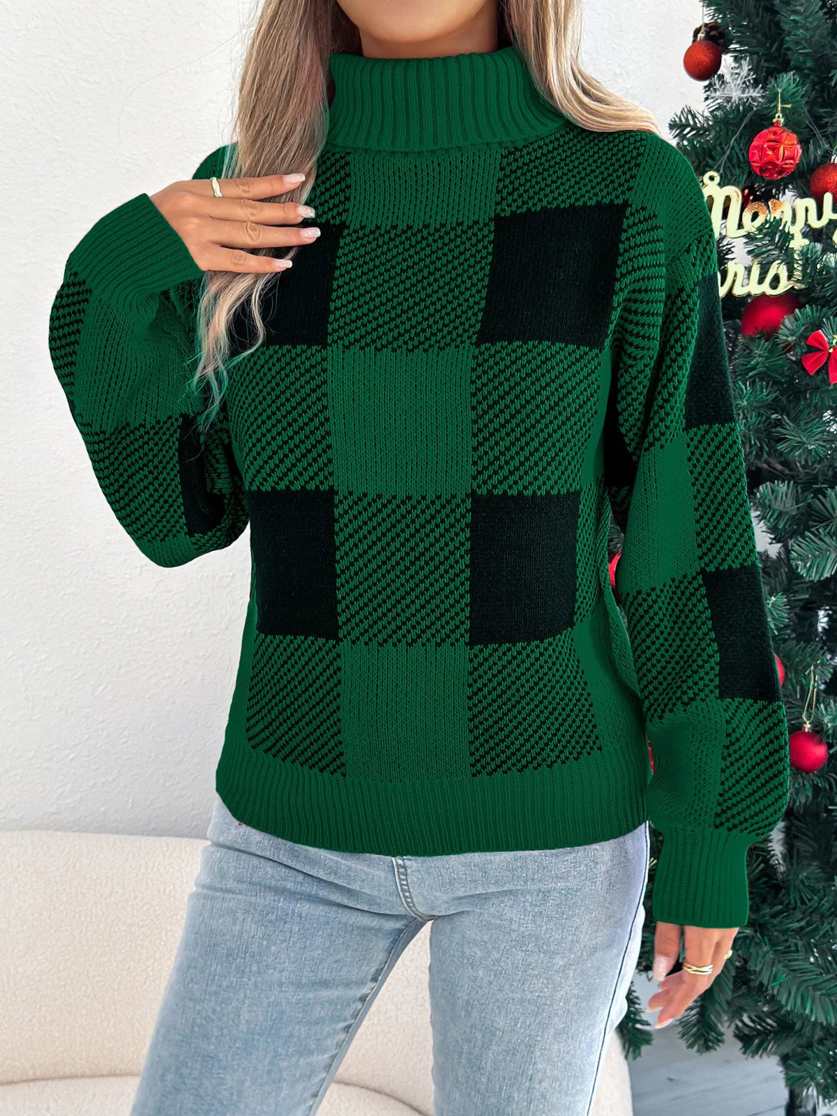 christmas plaid long sleeve turtleneck sweater | dropsona - neutral - close-up detail