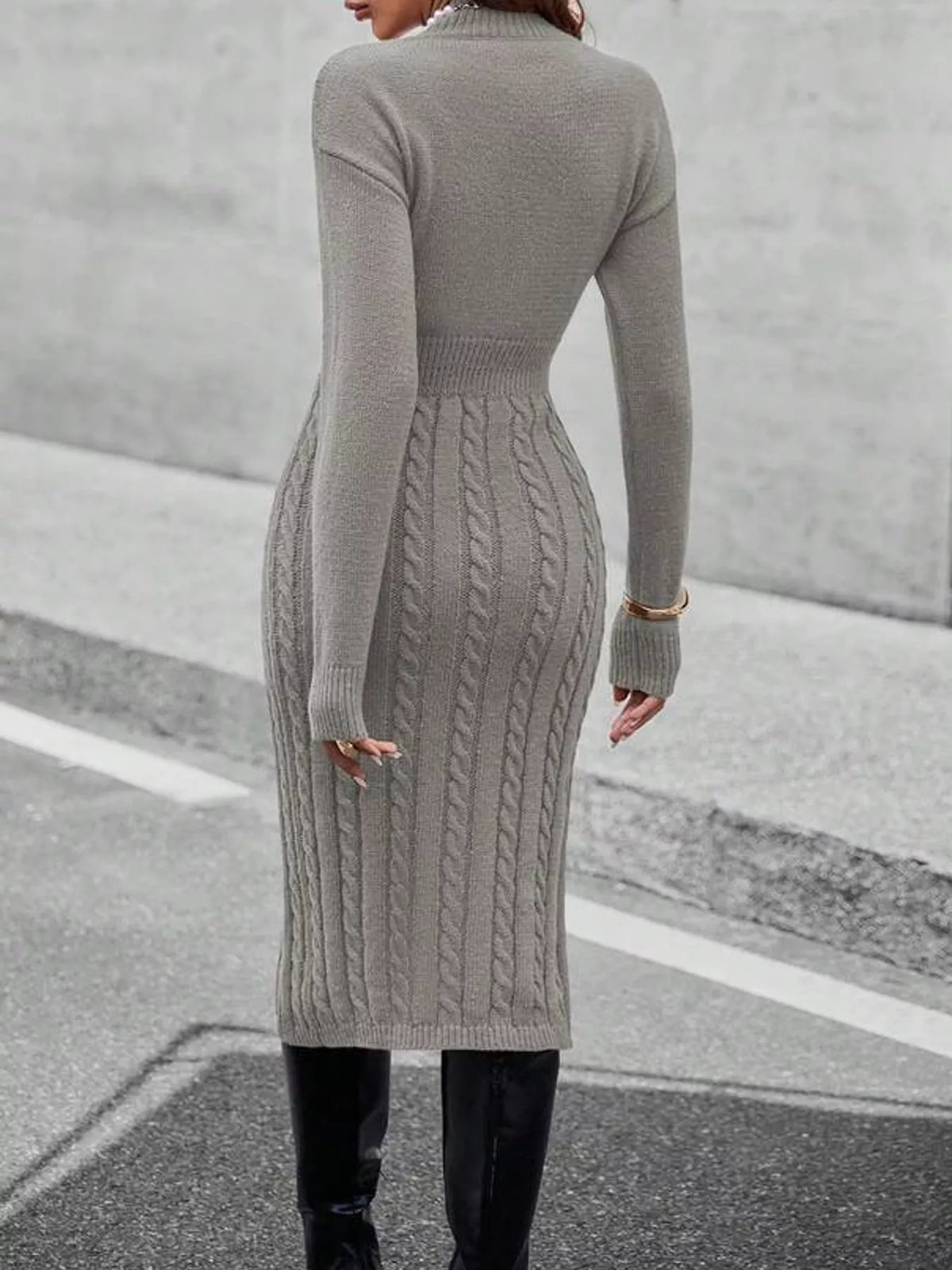 full size mock neck cable knit sweater dress with | dropsona - neutral - usage example
