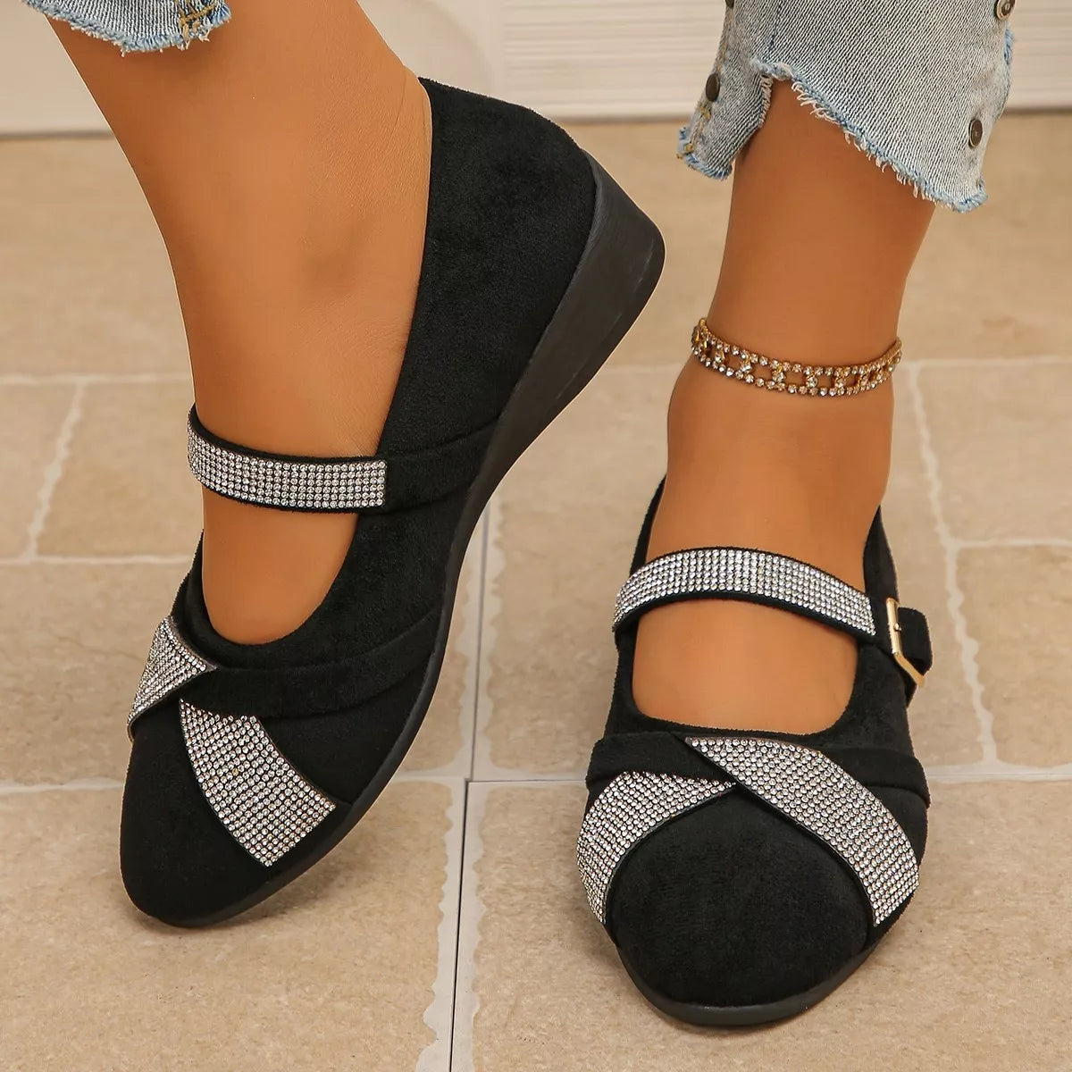 rhinestone embellished suede loafers with adjustable | dropsona - neutral - front view