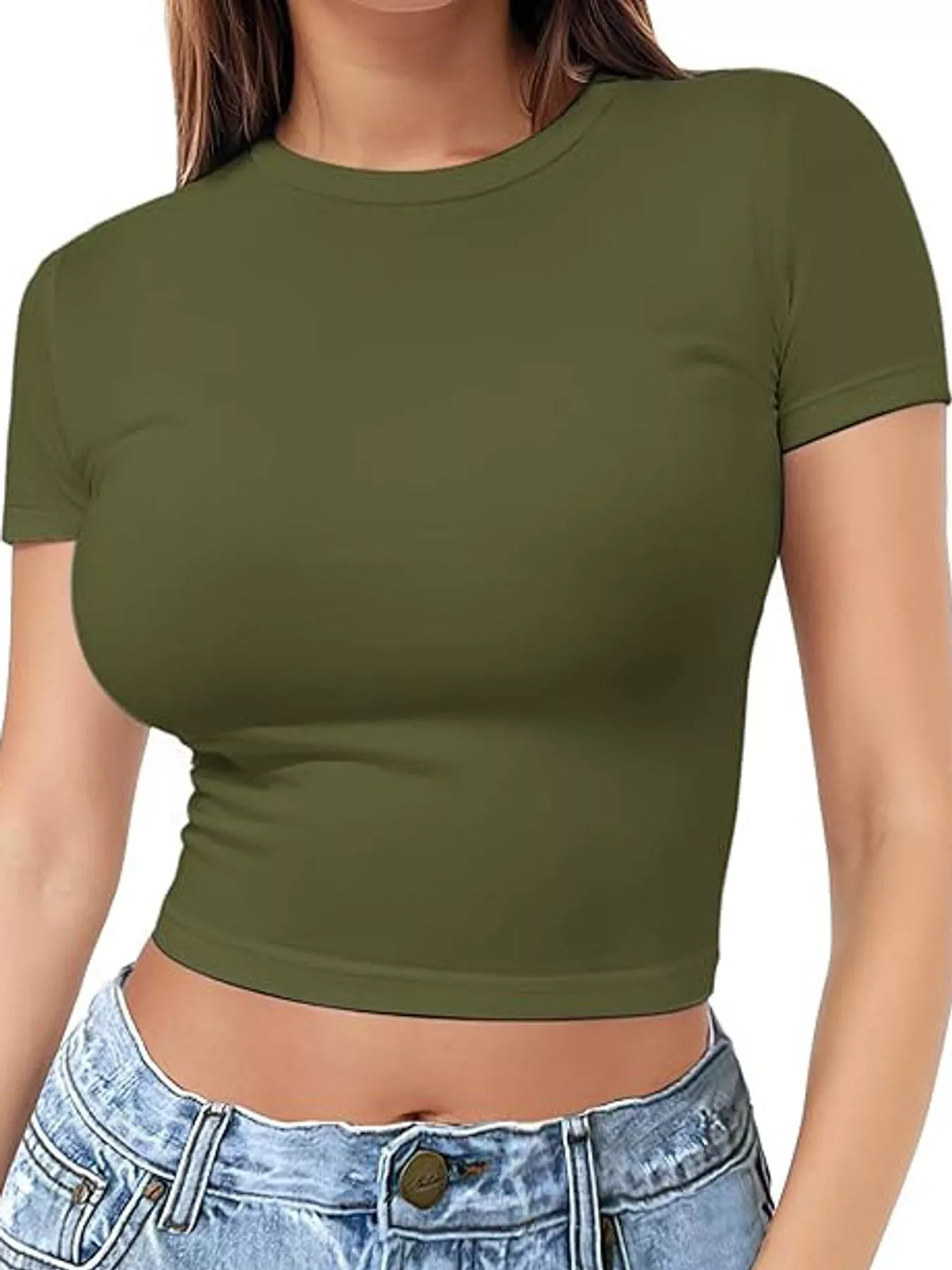slim fit basic crew neck short sleeve crop t-shirt | dropsona - neutral - material texture