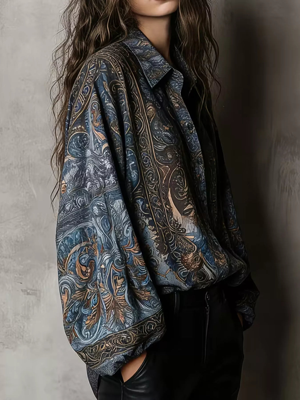 full size vintage print long sleeve oversized blouse | dropsona - neutral - close-up detail