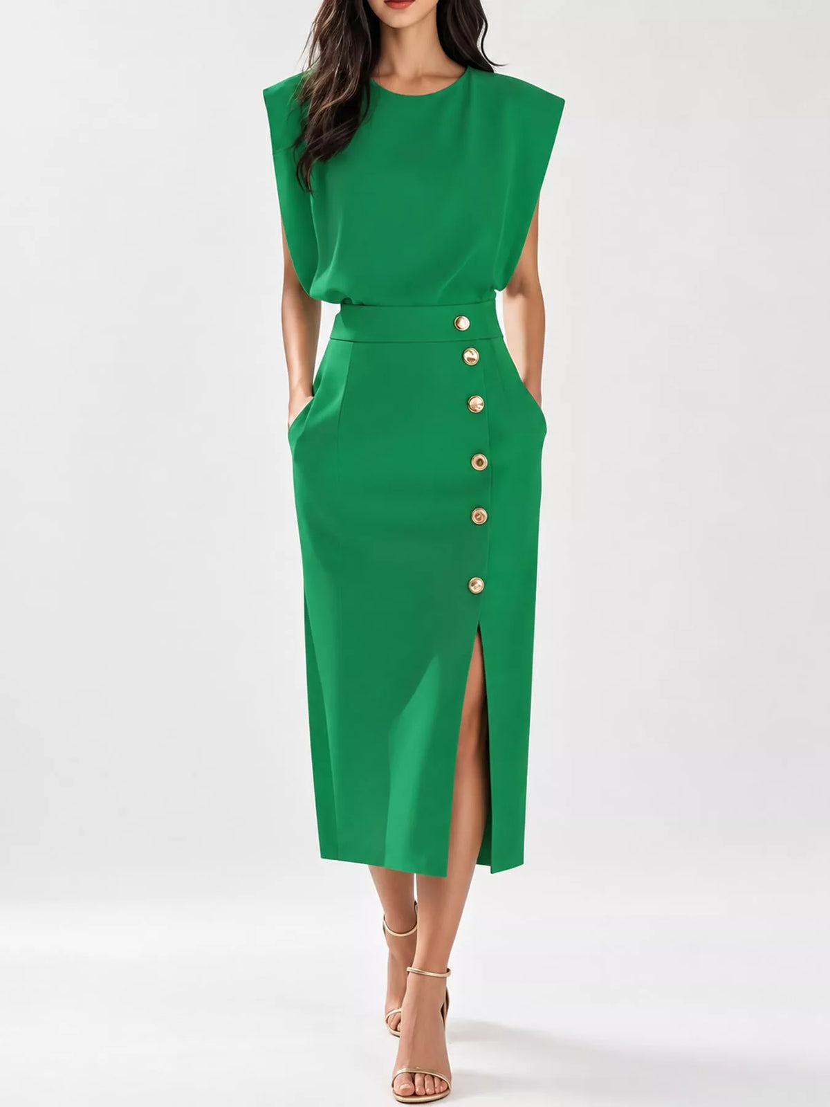 sleeveless midi dress with gold button detail and | dropsona - neutral - material texture