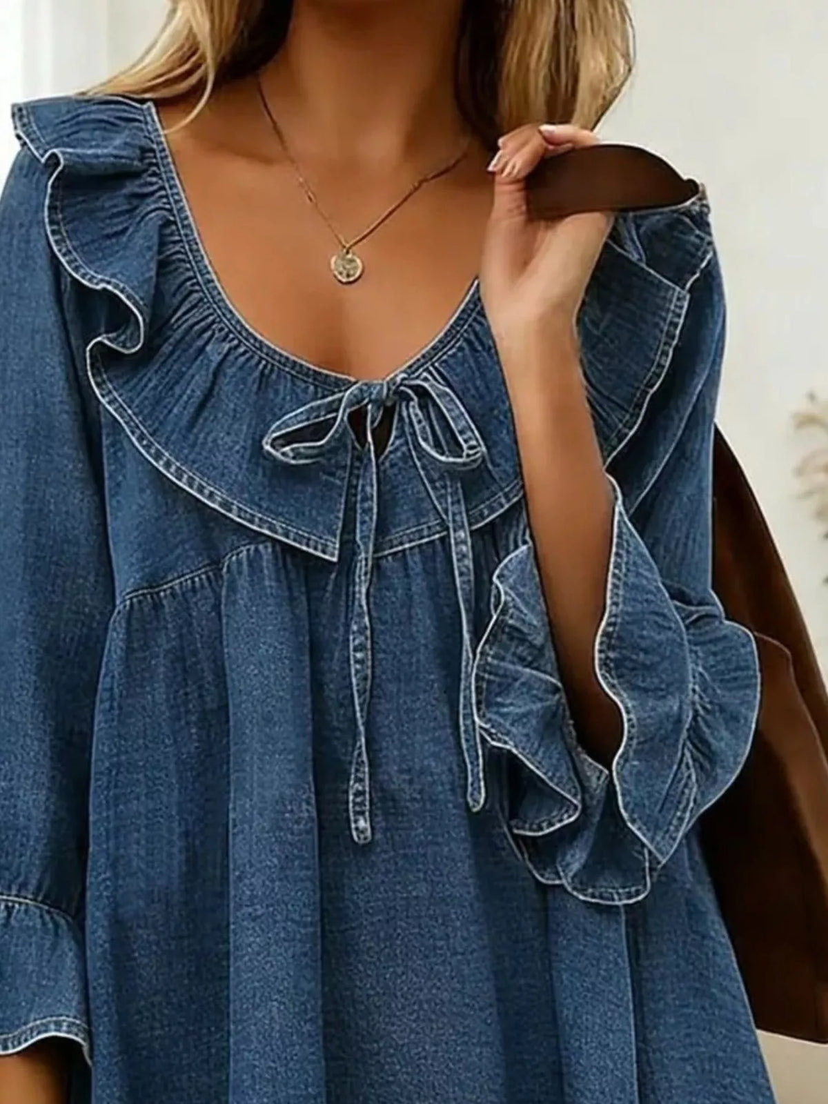 full size ruffled v-neck denim top with tie-front | dropsona - neutral - front view