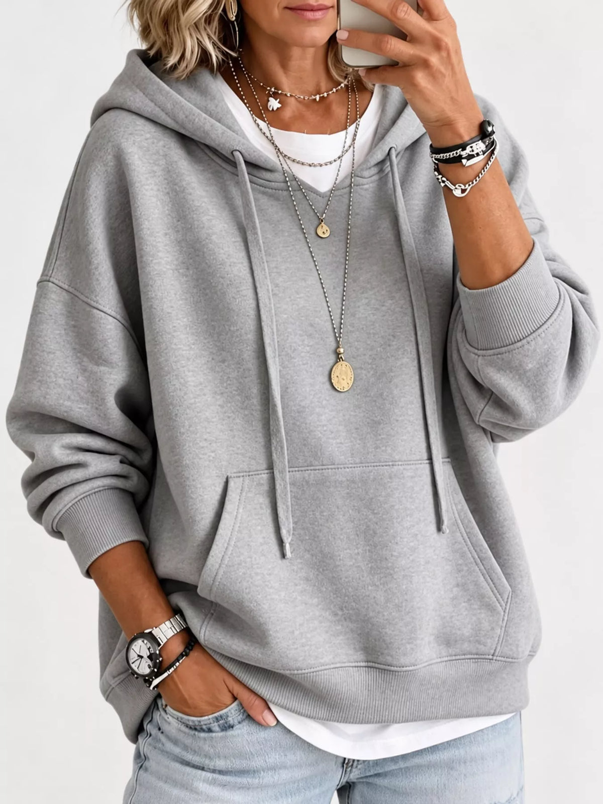 drawstring dropped shoulder hoodie | dropsona - neutral - close-up detail