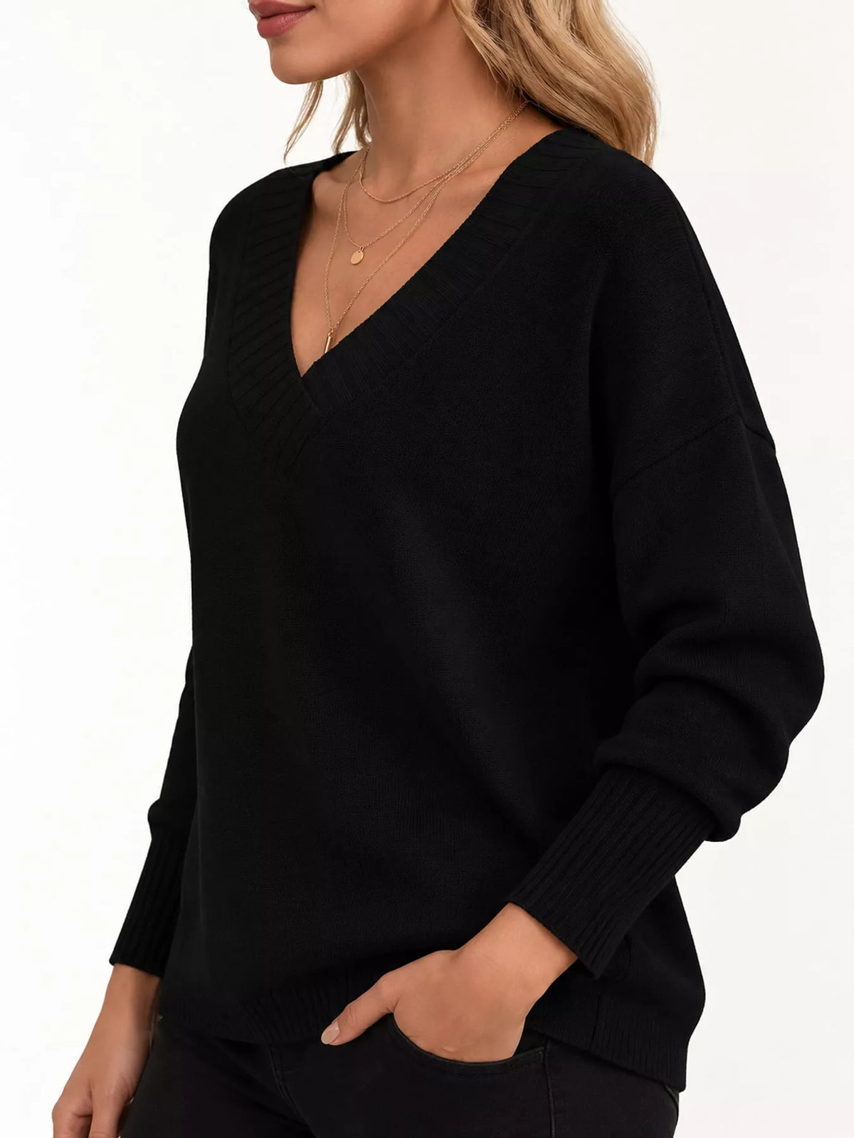 full size v-neck dropped shoulder sweater plus | dropsona - neutral - packaging