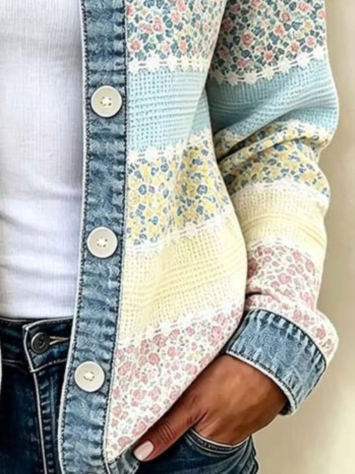 full size floral patchwork denim trim jacket plus | dropsona - neutral - close-up detail