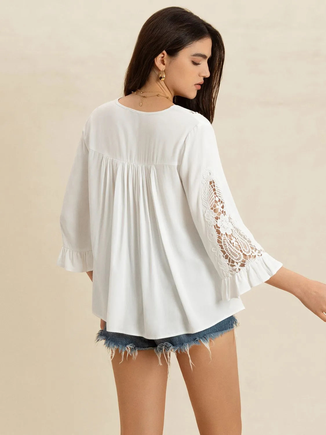 v-neck lace flounce sleeve top - size reference