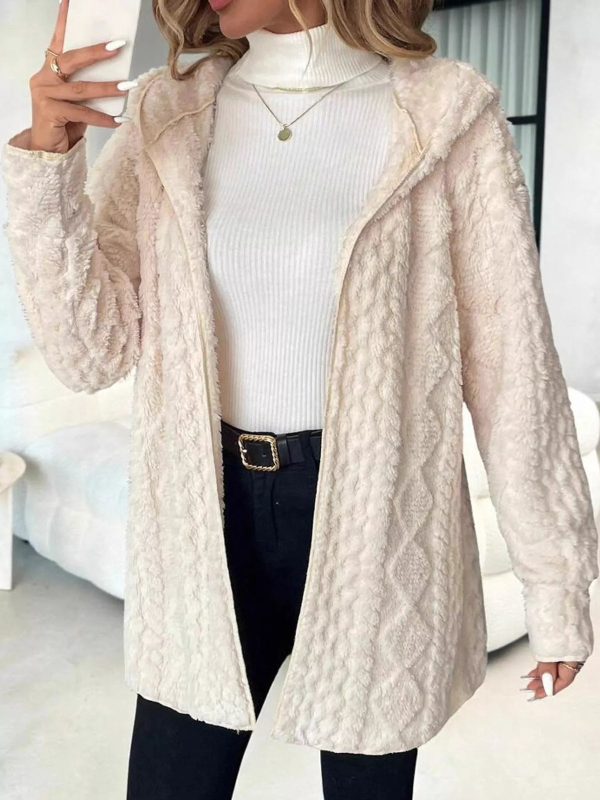 zip up fuzzy hooded outerwear – basic style fit | dropsona - neutral - material texture