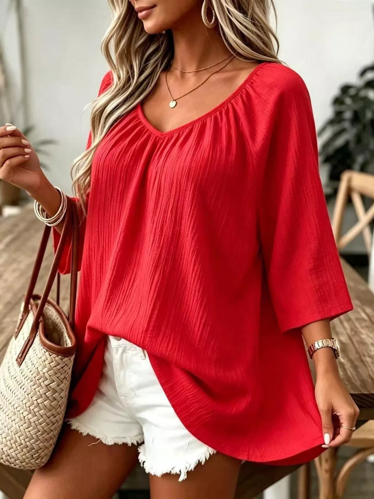 full size textured v-neck casual t-shirt plus | dropsona - neutral - usage example