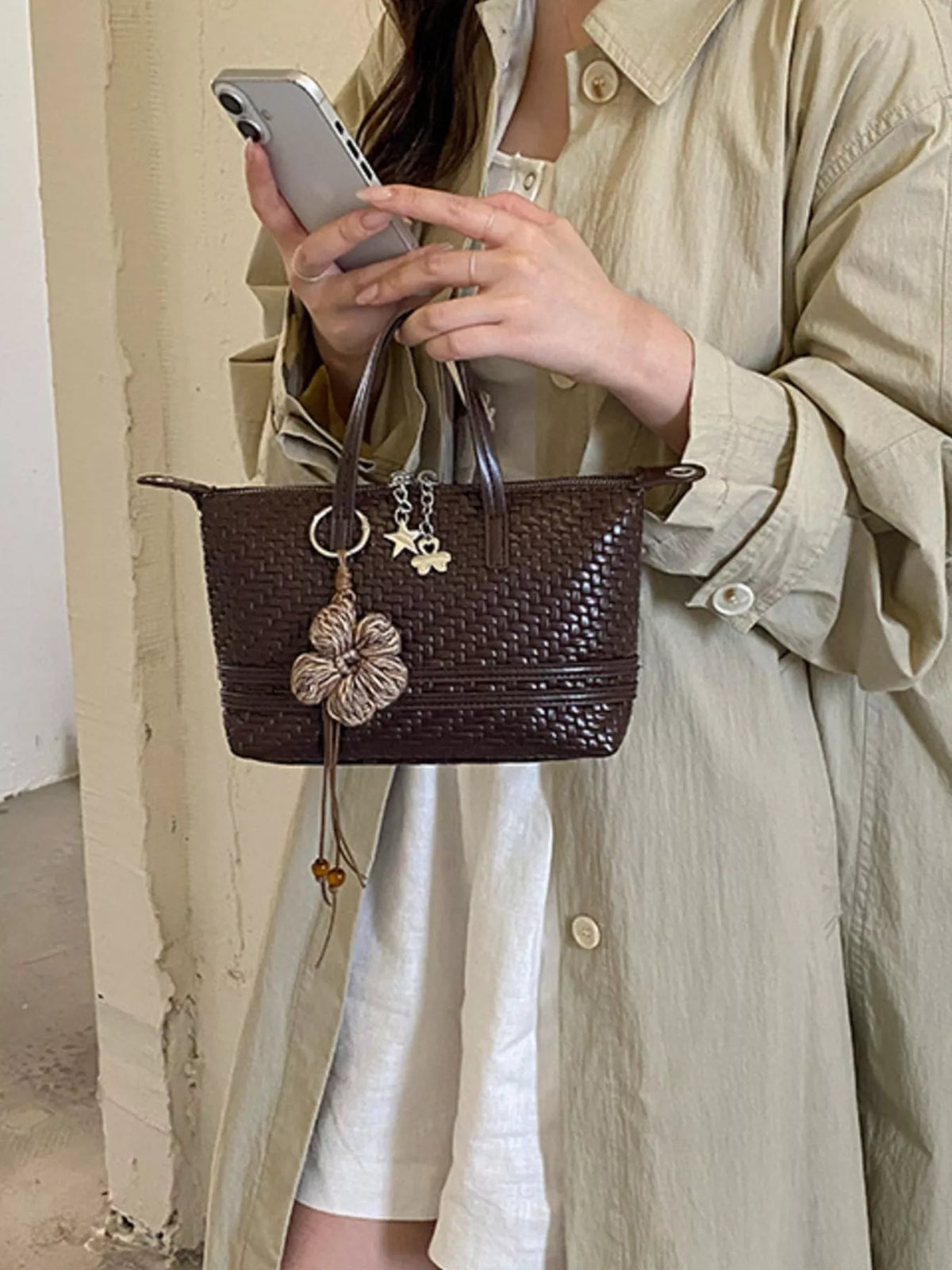 woven texture crossbody bag – stylish sling | dropsona - neutral - close-up detail