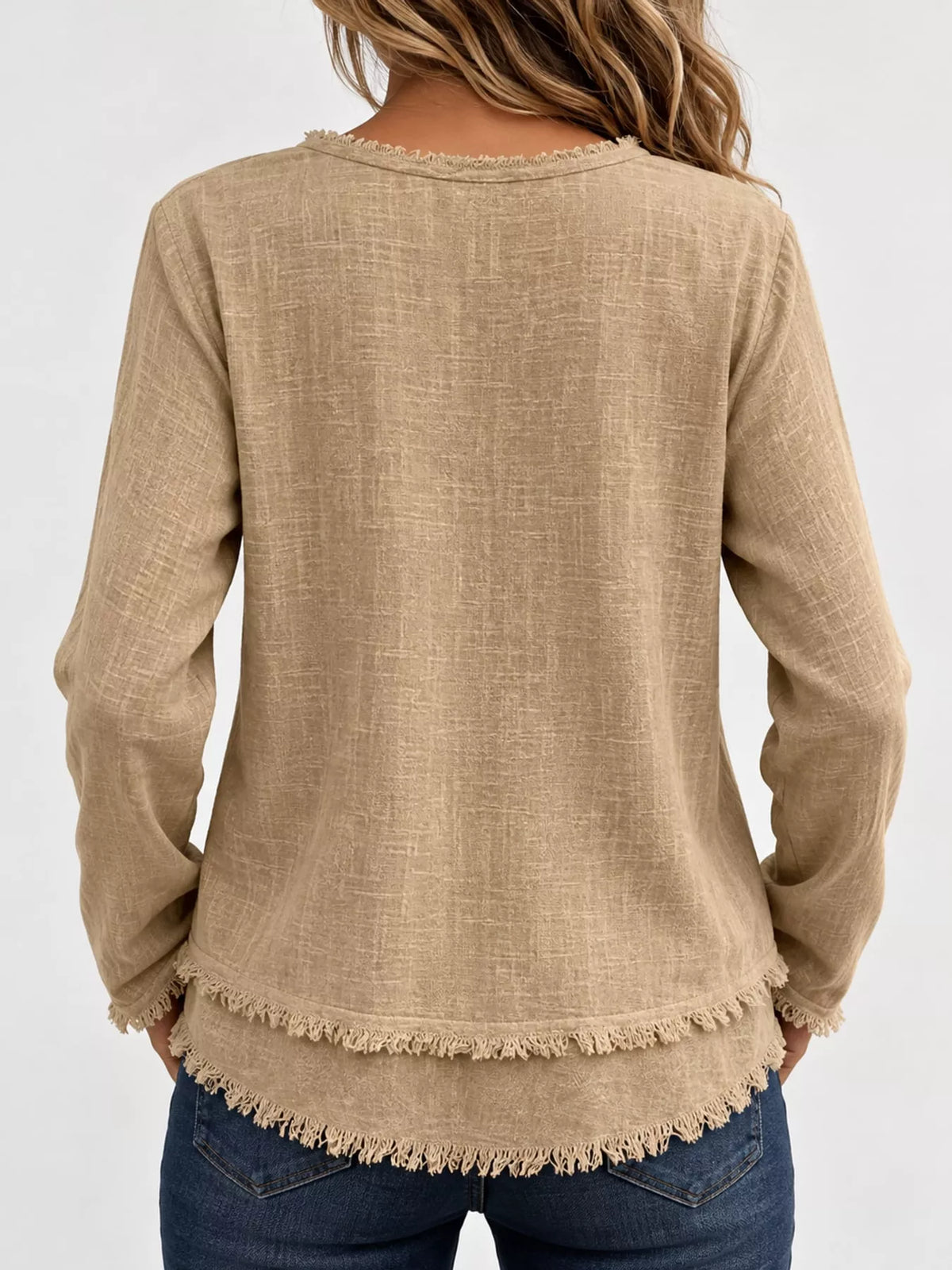 full size frayed hem v-neck blouse plus | dropsona - neutral - close-up detail