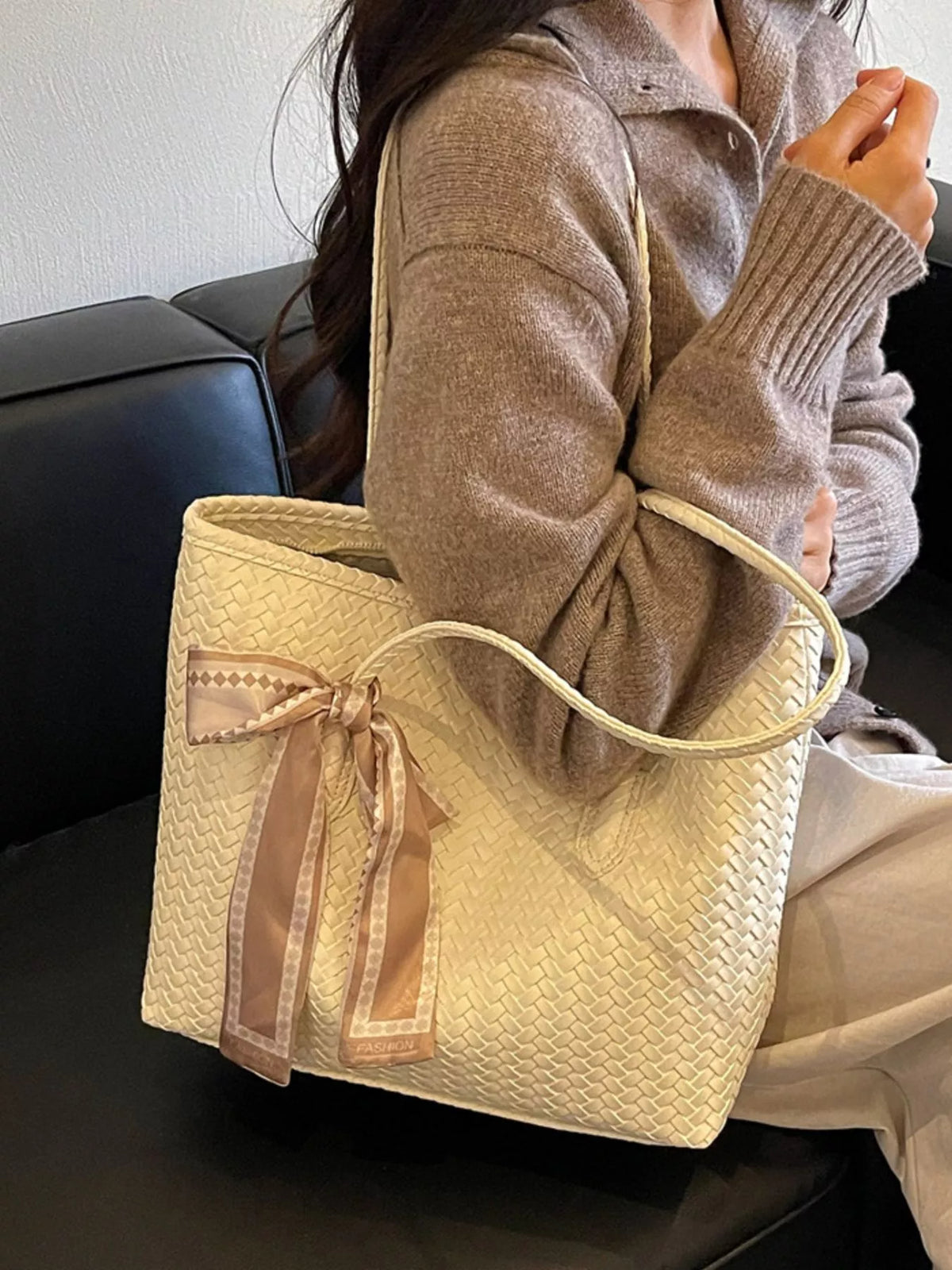 woven texture shoulder bag – stylish sling | dropsona - neutral - material texture