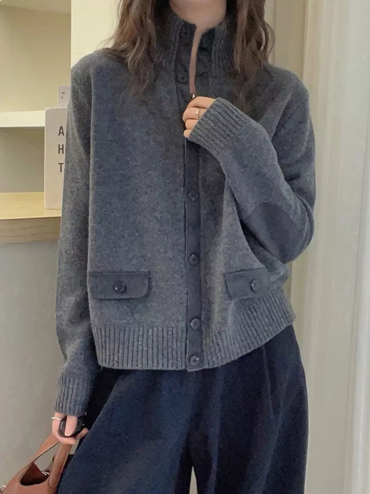 ribbed-knit mock neck cardigan – buttoned,pocketed fit | dropsona - neutral - usage example