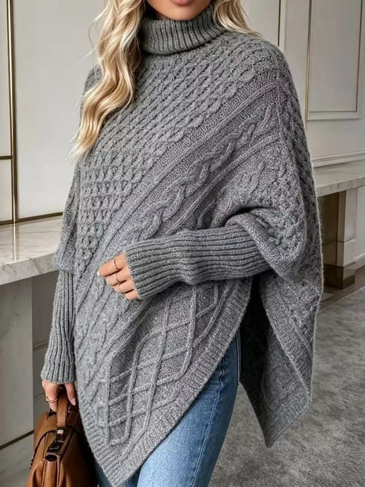 turtleneck cable knit sweater | dropsona - neutral - size reference