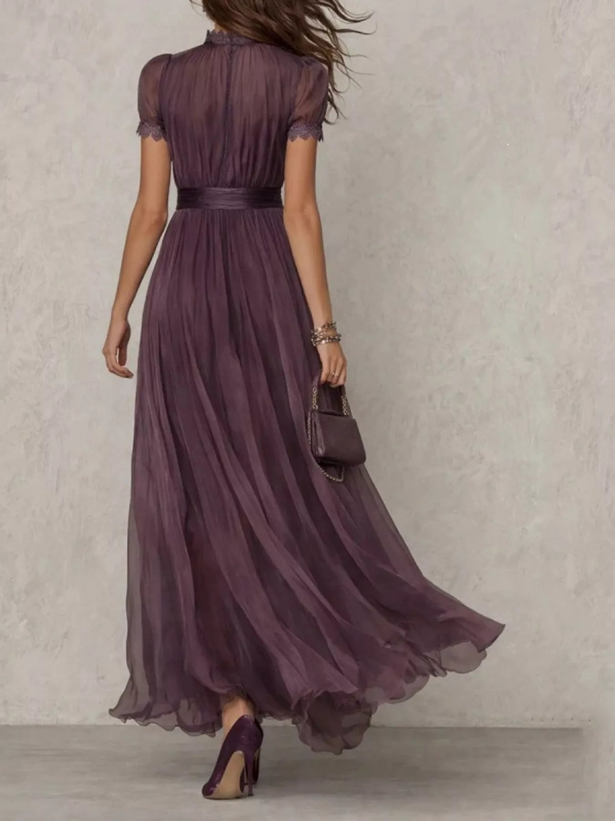 full size elegant sheer chiffon mock-neck maxi dress | dropsona - neutral - size reference