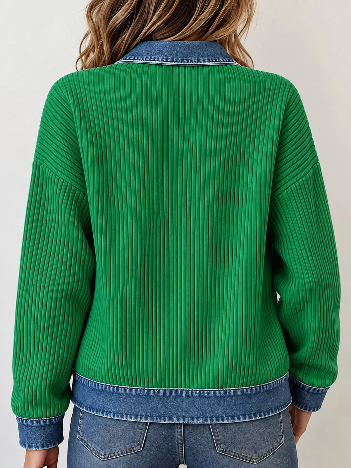 full size denim-collar ribbed knit zip-up jacket plus | dropsona - neutral - usage example