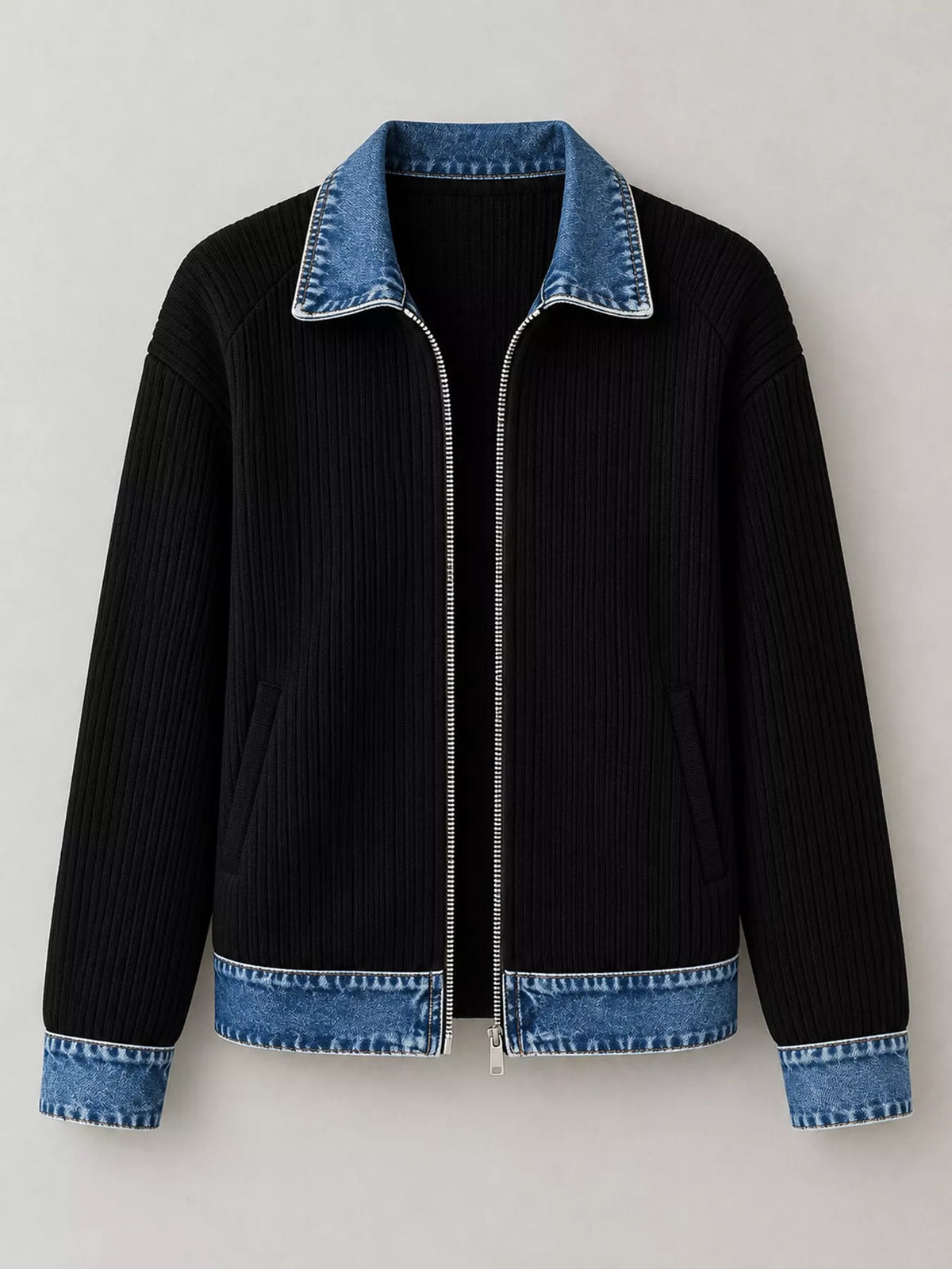 full size denim-collar ribbed knit zip-up jacket plus | dropsona - neutral - close-up detail