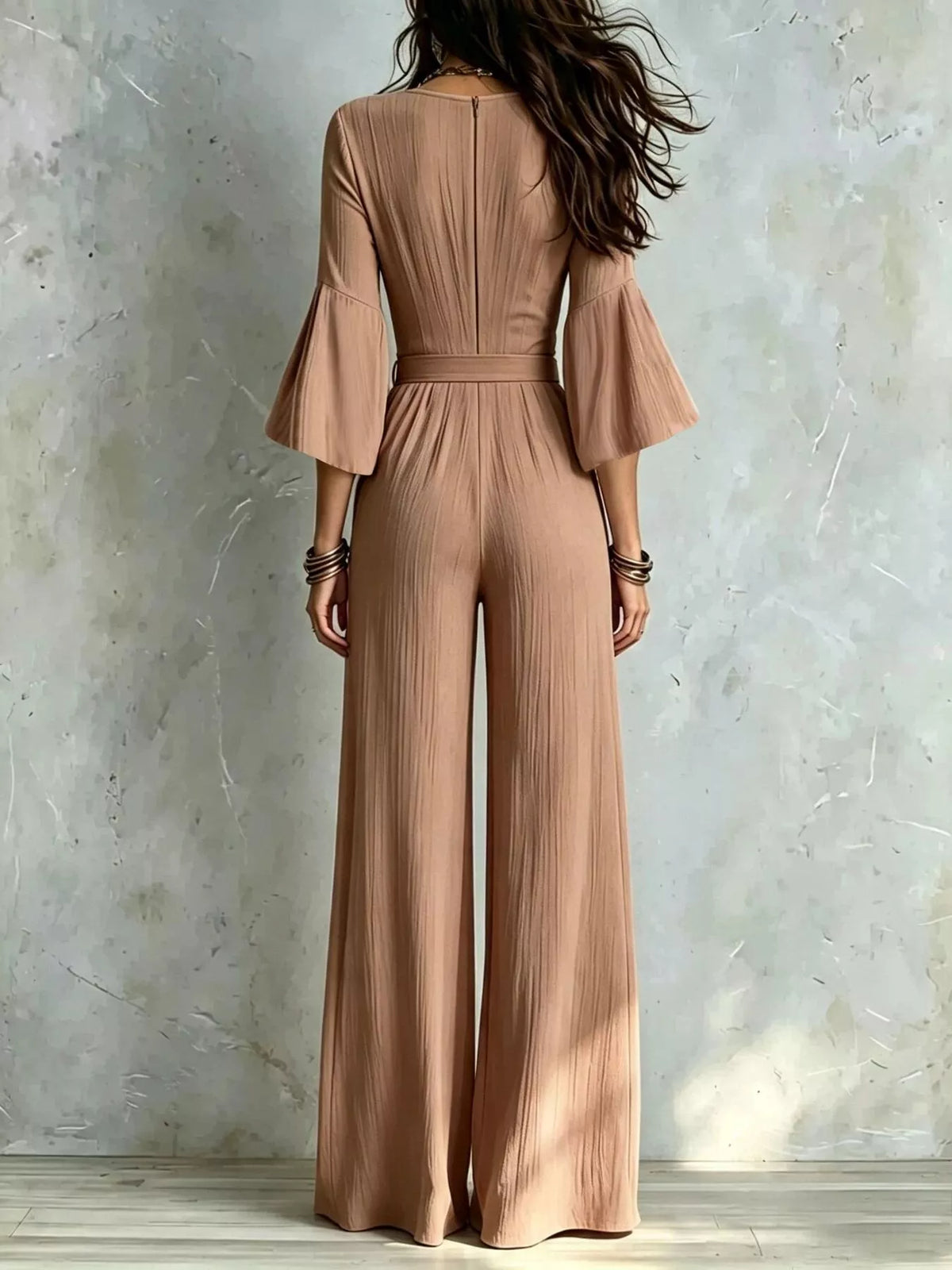 pleated wide-leg jumpsuit with tie-waist | dropsona - neutral - material texture
