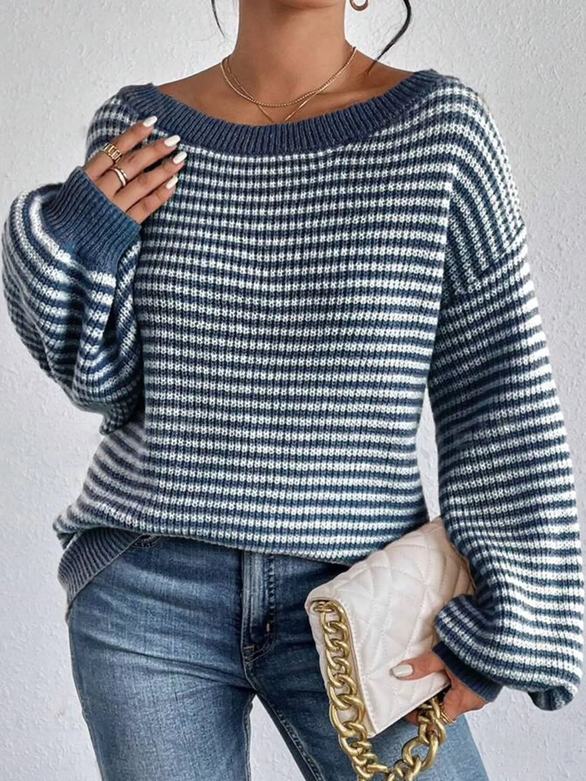 striped knit boat neck sweater – oversized,ribbed fit | dropsona - neutral - front view
