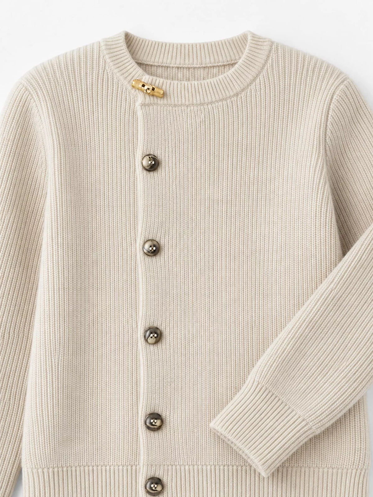 ribbed knit asymmetrical button cardigan | dropsona - neutral - close-up detail