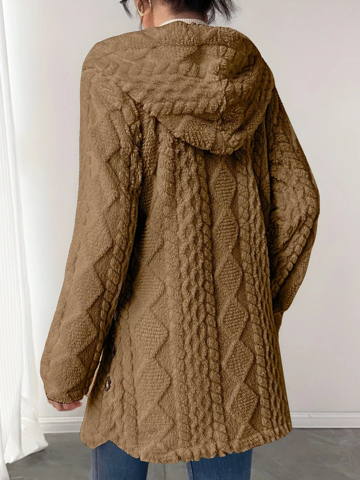 full size cozy cable-knit faux fur hooded outerwear | dropsona - neutral - packaging