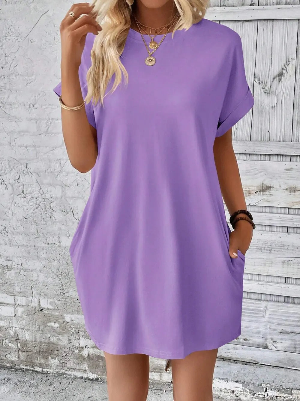 round neck short sleeve mini dress – basic style | dropsona - neutral - size reference