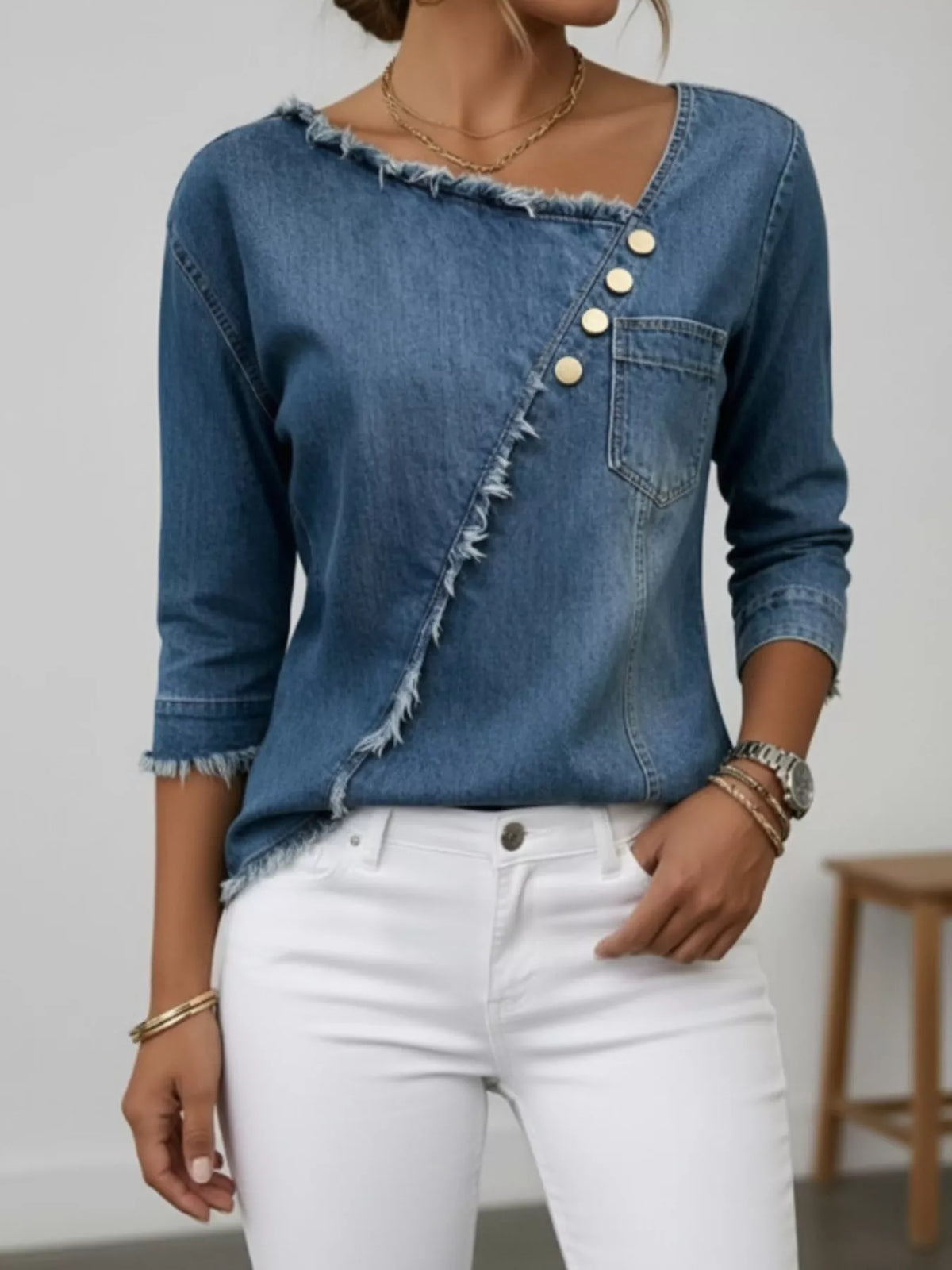 asymmetric raw-edge button-detail denim top | dropsona - neutral - everyday use