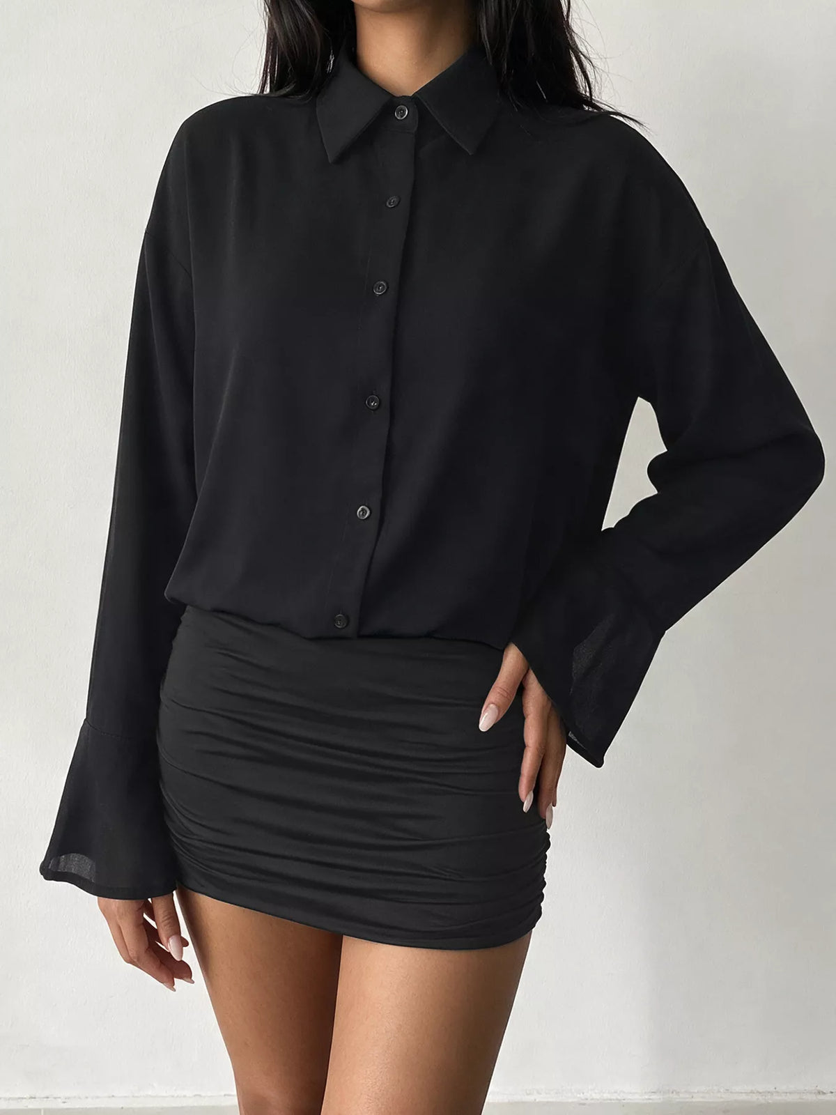 button front flounce sleeve bodycon shirt dress | dropsona - neutral - size reference