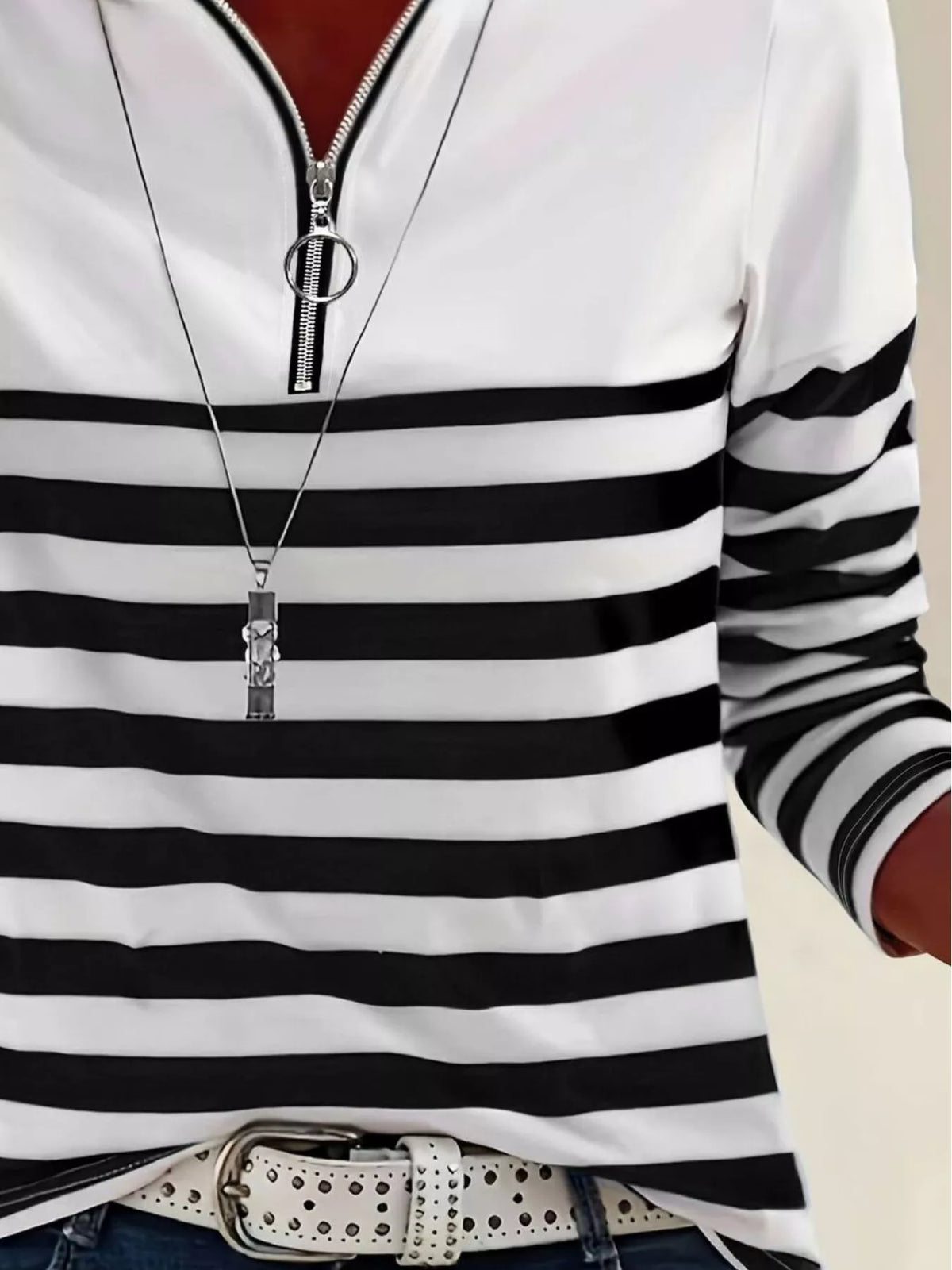 quarter-zip striped long sleeve t-shirt | dropsona - neutral - close-up detail