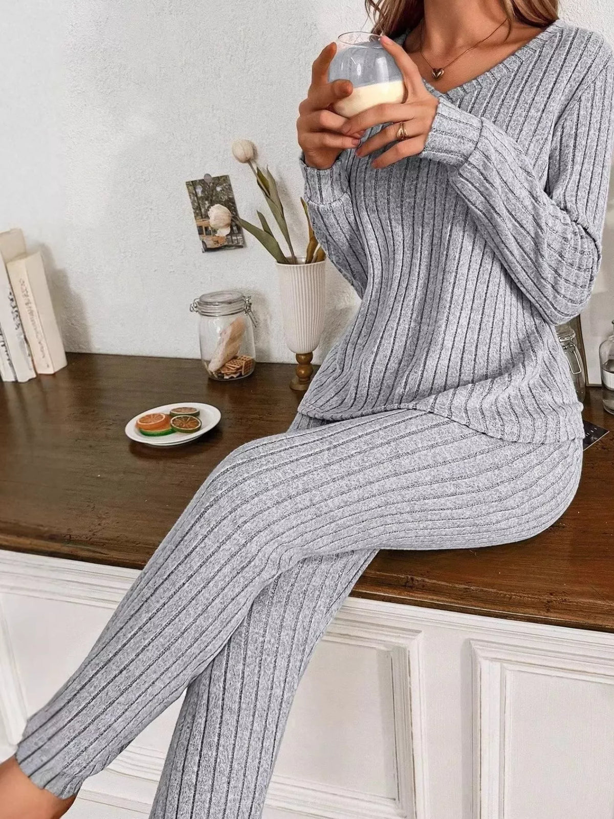 ribbed knit long sleeve top and pants loungewear set | dropsona - neutral - close-up detail